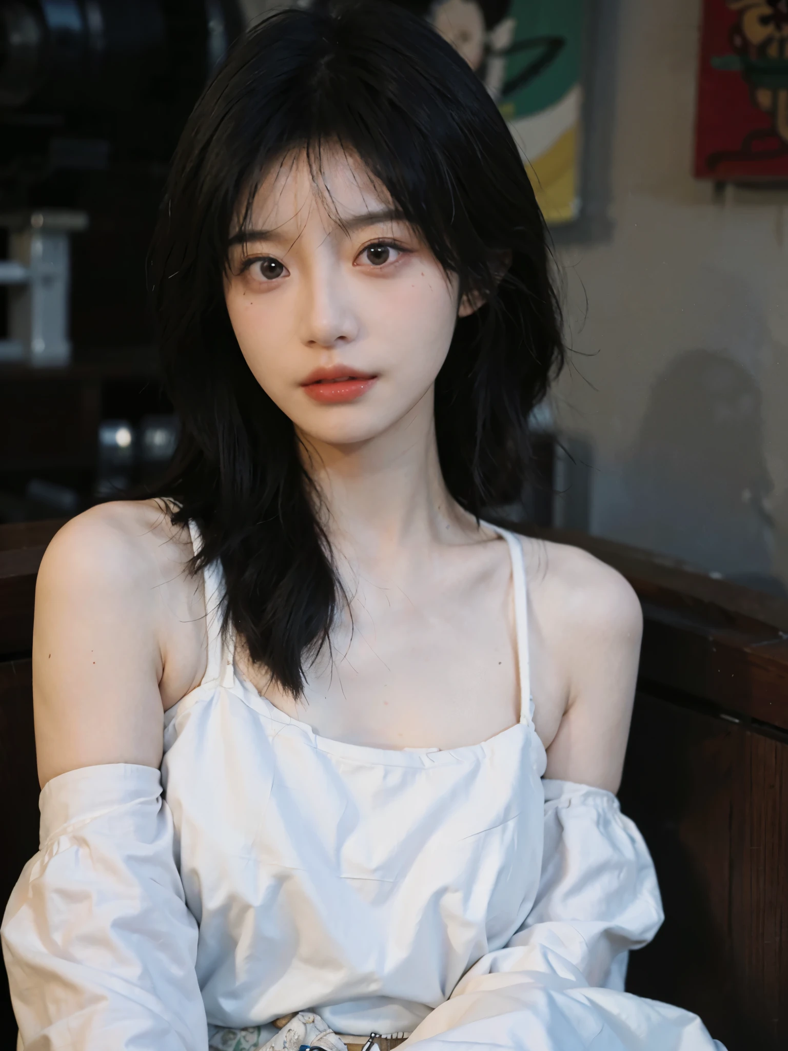Film portrait photography, 2 girls, bare shoulders, Shoulder length wavy hair, Snow-white cheongsam,(Realistic and detailed eyes, natural skin texture, Realistic facial details),, depth of field, Bokeh, Vibrant details, Detailed and detailed, Surrealism, 35mm film, hazy, ,self-shot,