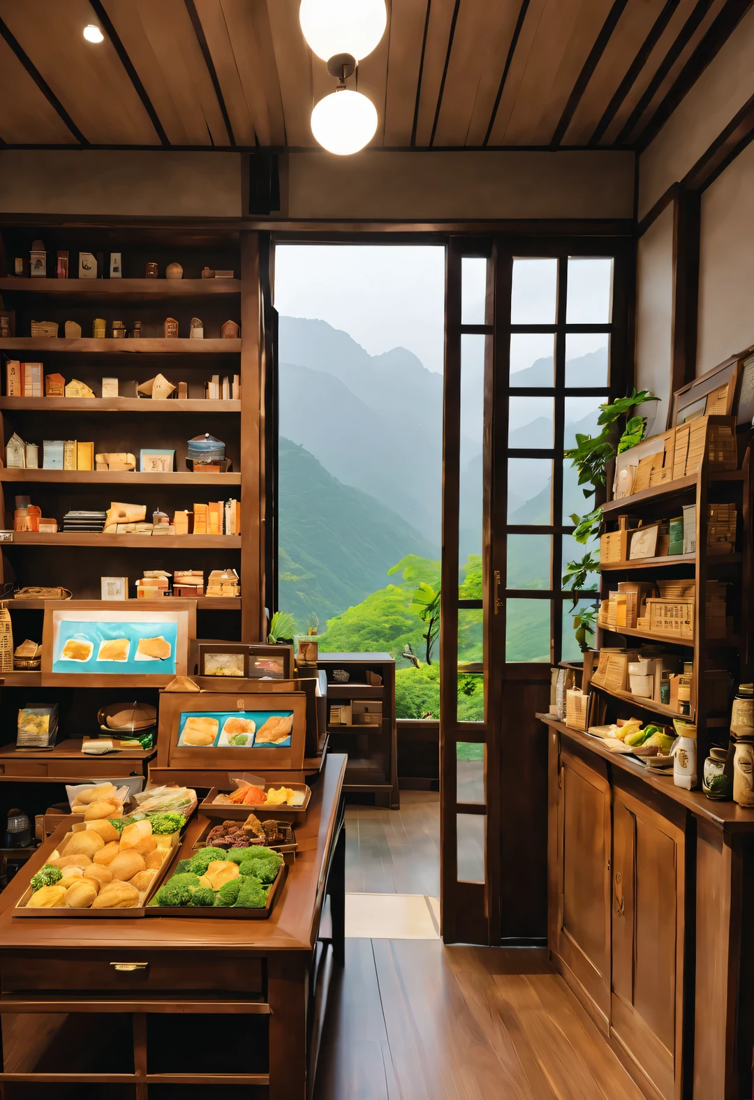 (一个孤零零的commissary在中国云南大山半山腰),commissary是在一个破旧小院的木房子,But very clean and tidy。Faded signs hanging on wooden doors and windows,it says"commissary"There is an old-fashioned wooden chair at the three-word door.,Gives people a sense of age。The furnishings in the store are also very simple.,Various products displayed on shelves,Snacks included、Stationery shop、daily necessities, ETC.。shrouded in mist,Green mountains and green waters,