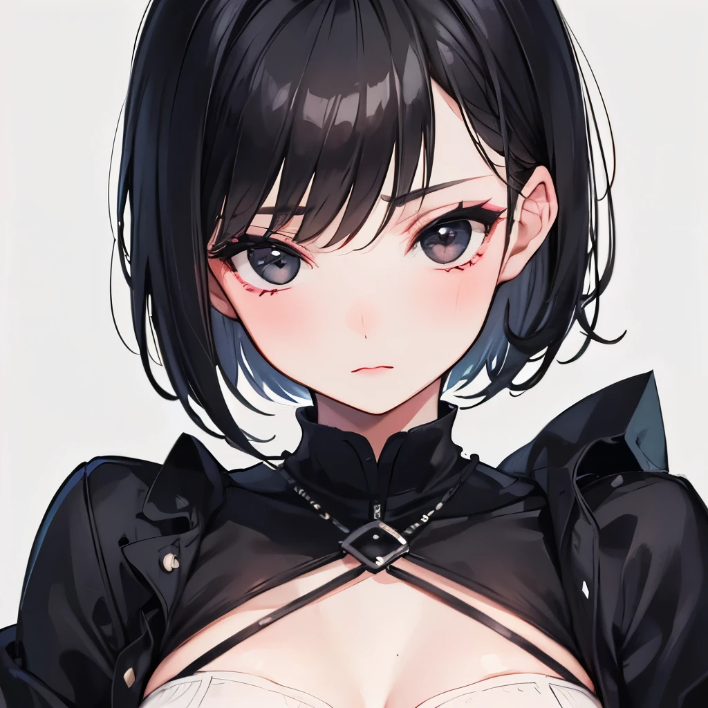 A girl, pretty face, face close up, black hair, black eyes, lipstick, pixie haircut, innocent, shy