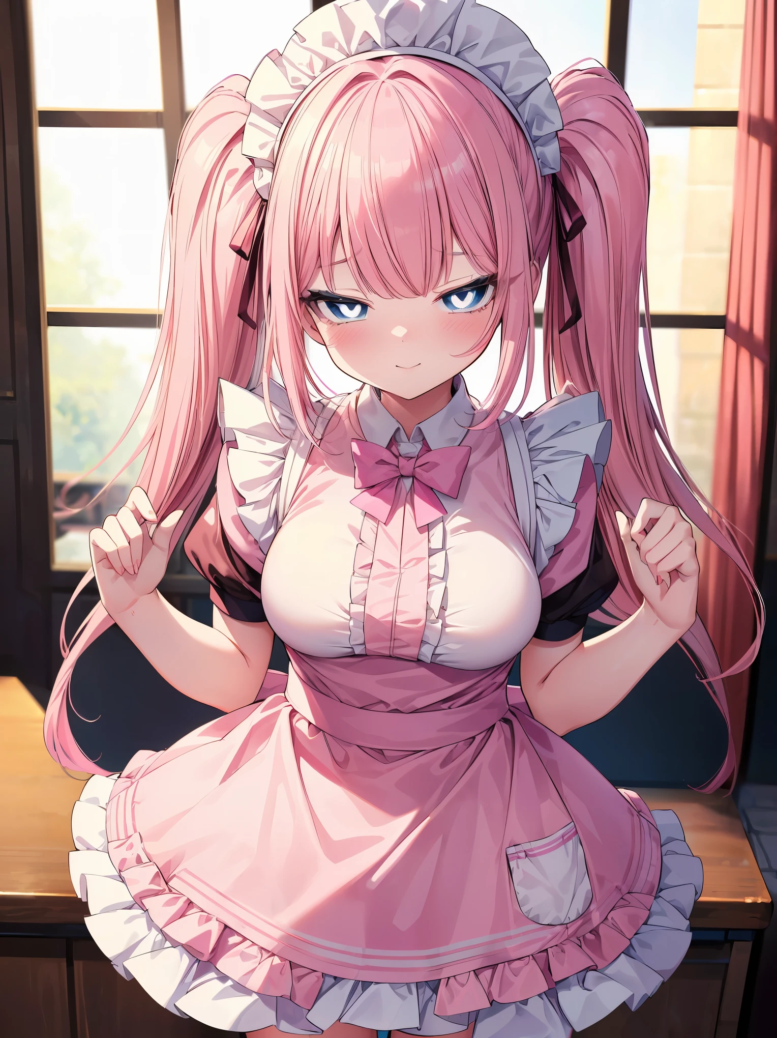 (cowboy shot), (best quality, ultra-high resolution, depth of field:1.2), beautiful face, 22-year-old woman, adult, short height, 1female, (pink hair), twin-tails (blue eyes), bright pupils, plump body, medium breasts, (wearing pink maid uniform:1.2), frills, (maid cafe scenery), squinting, seductive smile, slightly bending forwards