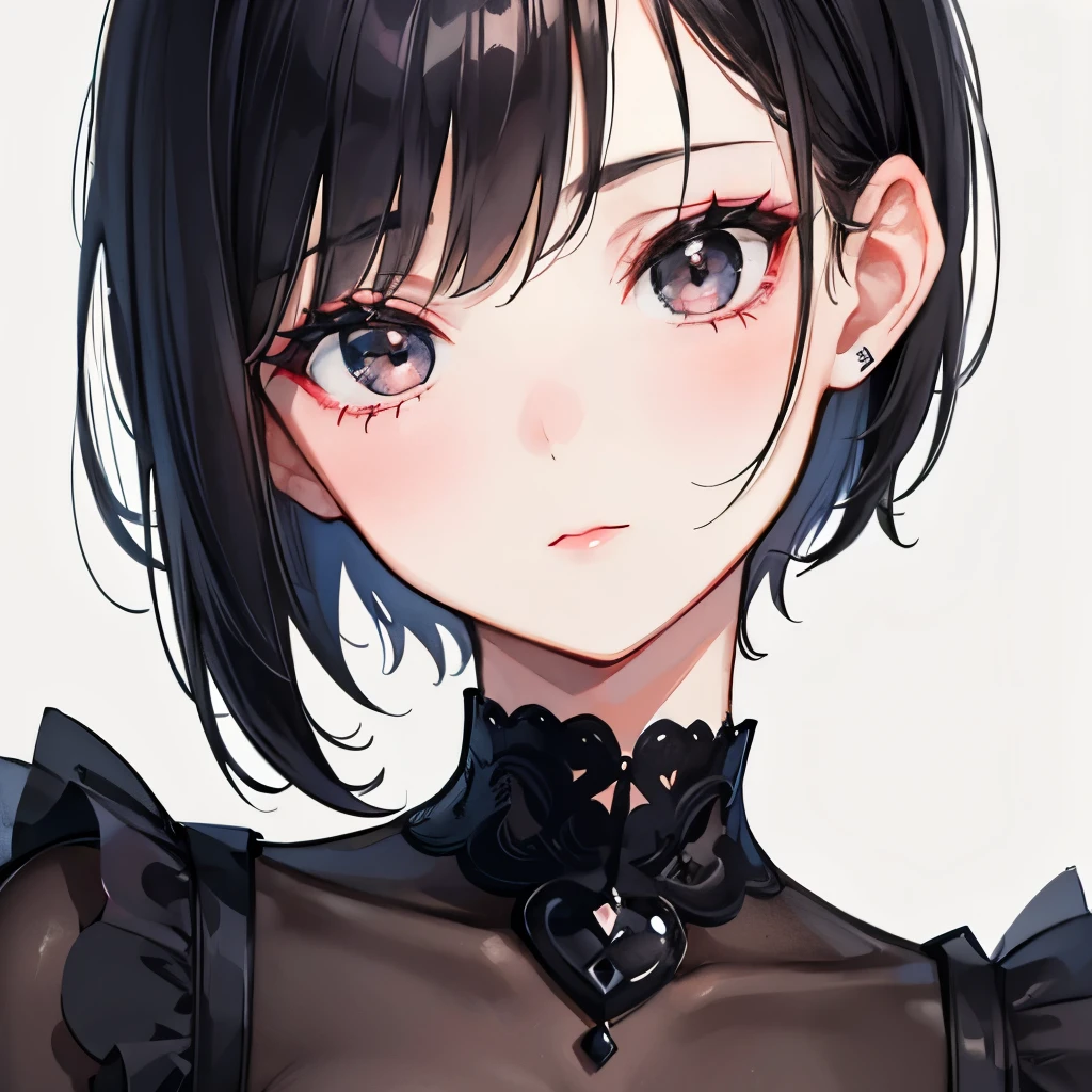 A girl, pretty face, face close up, black hair, black eyes, lipstick, pixie haircut, innocent, shy, pixie hairstyle