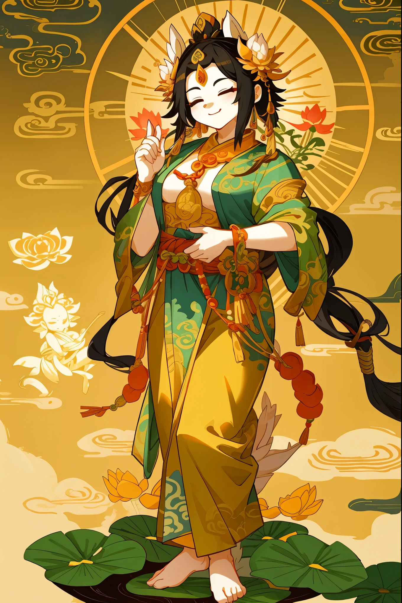 anthro, furry, contented female bodhisattva, guanyin of the southern seas, Serene expression, standing on a lotus, goddess of love and peace, attractive male deity, the non-binary deity of spring, goddess of nature shui mo hua, Buddha, Buddhist, Lotus, Chinese painting style, Thangka style,