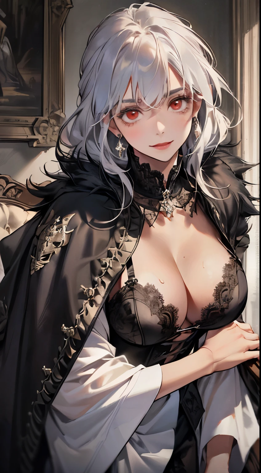 (best quality,high resolution:1.2), ultra-detailed, realistic:1.37, a mature and beautiful lady wearing a black royal robe, adorned with lace lingerie, showcasing a smiling expression, a close-up of her breasts, white hair, red eyes, and revealing her lingerie, with a focus on her ample bosom, mature and sexy.