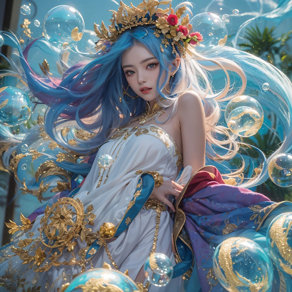 red blue colors,enamel,agate,A flesh-colored world,Blood Blue Maiden 32k(masterpiece,HD,Aoyama Pond,超HD,32k)long flowing bright blue hair,blood pool,Ziddink, a color,grumpy (After greeting), (Linen scarf), fighting stance, looking at the ground, long white hair, Floating bright blue, Fire cloud gold headdress, Chinese long-sleeved gold silk burgundy garment, (Abstract metaverse splash:1.2), White background,Peony flower vitality protector(realistically:1.4),bright purple hair,Smoke on the road,The background is very pure, high resolution, detail, RAW photos, Sharp Re, Nikon D850 film photo by Jefferies Lee 4 Kodak Portra 400 camera F1.6 guns, colorful, Ultra-realistic and vivid textures, dramatic lighting, Unreal Engine Art Station Trend, Sinest 800,一个有着long flowing bright blue hair的女孩,huge colorful bubbles