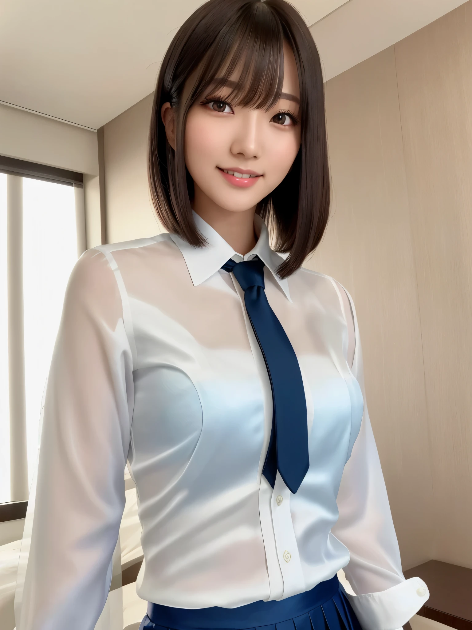 product quality, 1girl, upper body shot, front view, a Japanese young pretty girl, long bob hair, standing with a big smile in a luxury hotel room, glamorous figure, wearing a white collared silky satin shirt of long sleeves, shiny satin dark blue plain long tie, dark blue pleated long skirt, hyper cute face, glossy lips, double eyelids in both eyes, natural makeup, long eyelashes, shiny smooth light brown long bob hair, asymmetrical bangs, a tanned skin, central image, high resolution, high detail, detailed hairstyle, detailed face, spectacular cinematic lighting, octane rendering, vibrant, hyper realistic, perfect limbs, perfect anatomy