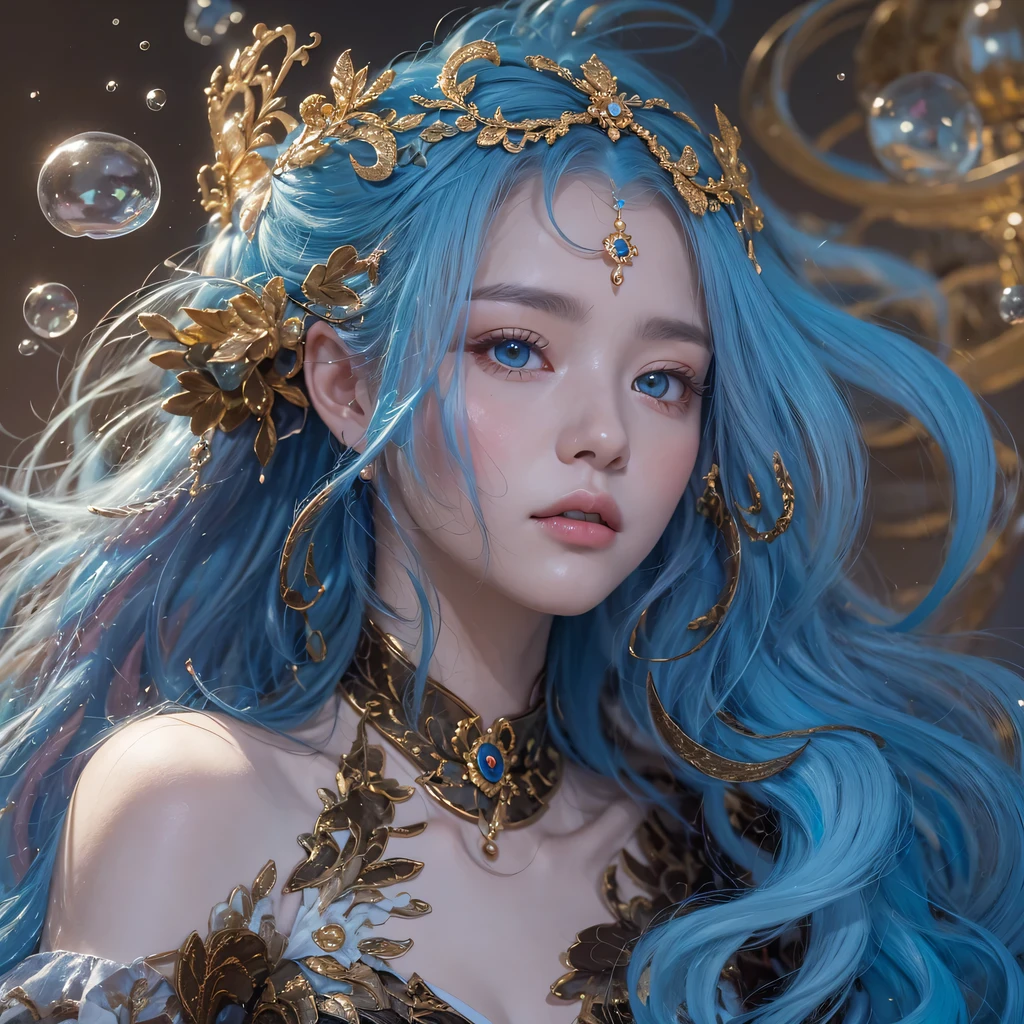red blue colors，enamel，agate，A flesh-colored world，Blood Blue Maiden 32k（masterpiece，HD，Aoyama Pond，超HD，32k）long flowing bright blue hair，blood pool，Ziddink， a color，grumpy （After greeting）， （Linen scarf）， fighting stance， looking at the ground， long white hair， Floating bright blue， Fire cloud gold headdress， Chinese long-sleeved gold silk burgundy garment， （Abstract metaverse splash：1.2）， White background，Peony flower vitality protector（realistically：1.4），bright purple hair，Smoke on the road，The background is very pure， high resolution， detail， RAW photos， Sharp Re， Nikon D850 film photo by Jefferies Lee 4 Kodak Portra 400 camera F1.6 guns, colorful, Ultra-realistic and vivid textures, dramatic lighting, Unreal Engine Art Station Trend, Sinest 800，一个有着long flowing bright blue hair的女孩，huge colorful bubbles