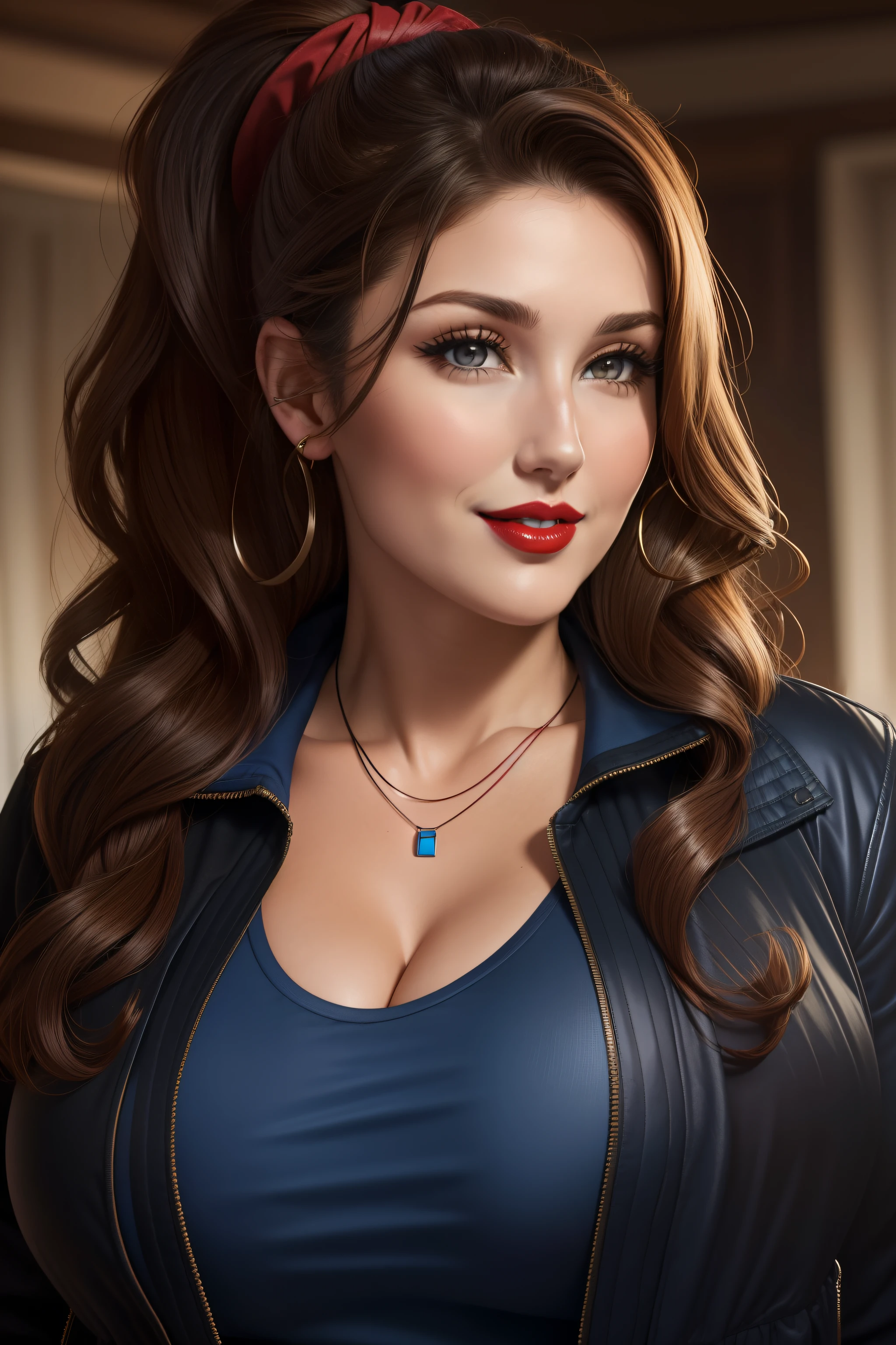 Lucy Pinder, Face portrait, face, neckline, ((red lipstick)), smiling, wavy hair, brown hair, ponytail, ((blue t-shirt)), ((black jacket)), necklace, very chubby woman