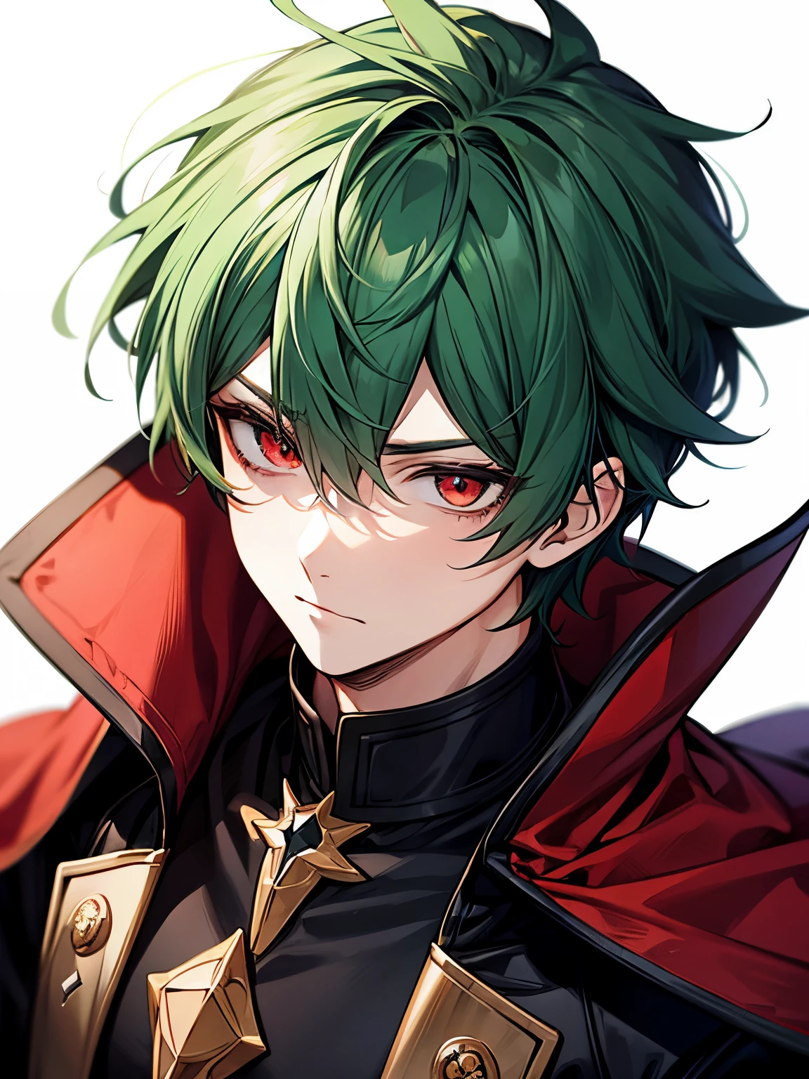 green hair, red eyes, mysterious, black academy uniform, cool, male, white background, short hair, closeup, red cloak