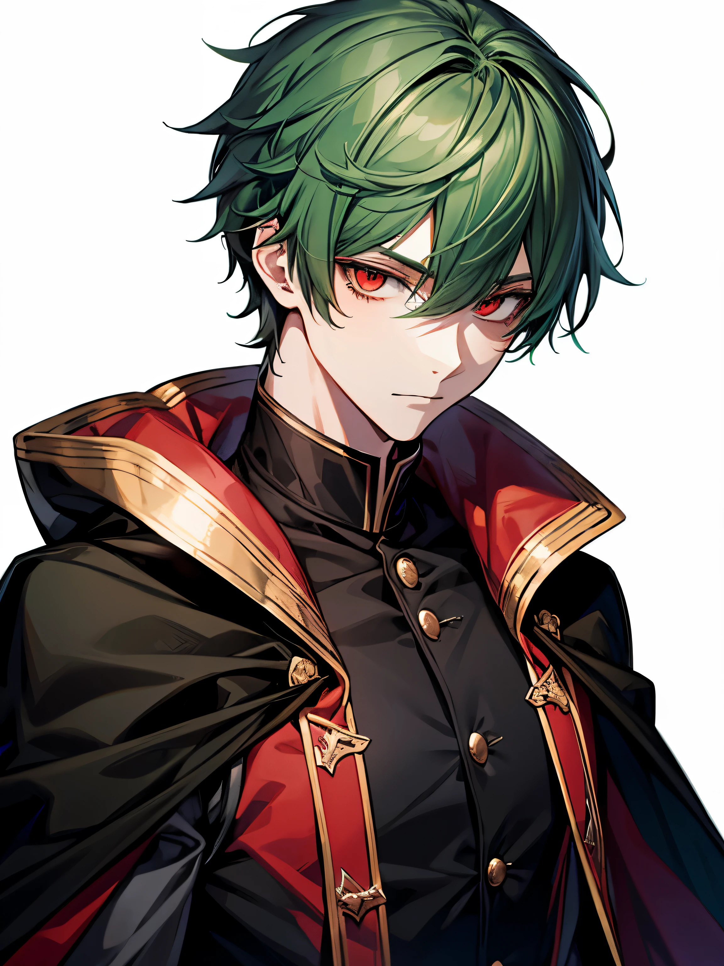 green hair, red eyes, mysterious, black academy uniform, cool, male, white background, short hair, closeup, red cloak