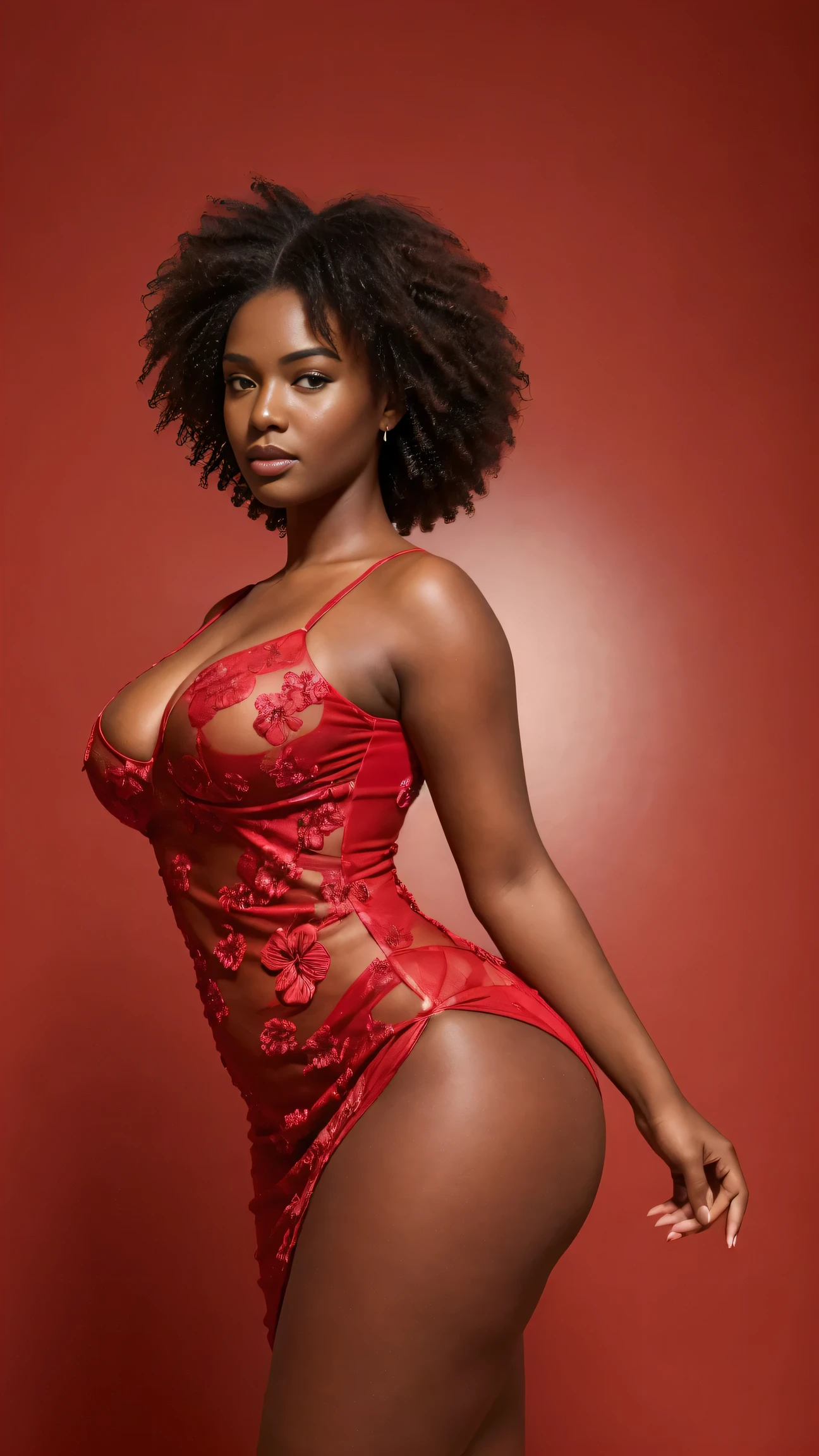 (best quality, ultra-detailed, realistic:1.37),portrait,voluptuous woman,flower,red tight dress, Random dress color, passionate look,large buttocks,vibrant colors,soft lighting, standing, full body view, extreme tall, long legs, very tall, tall, black skin