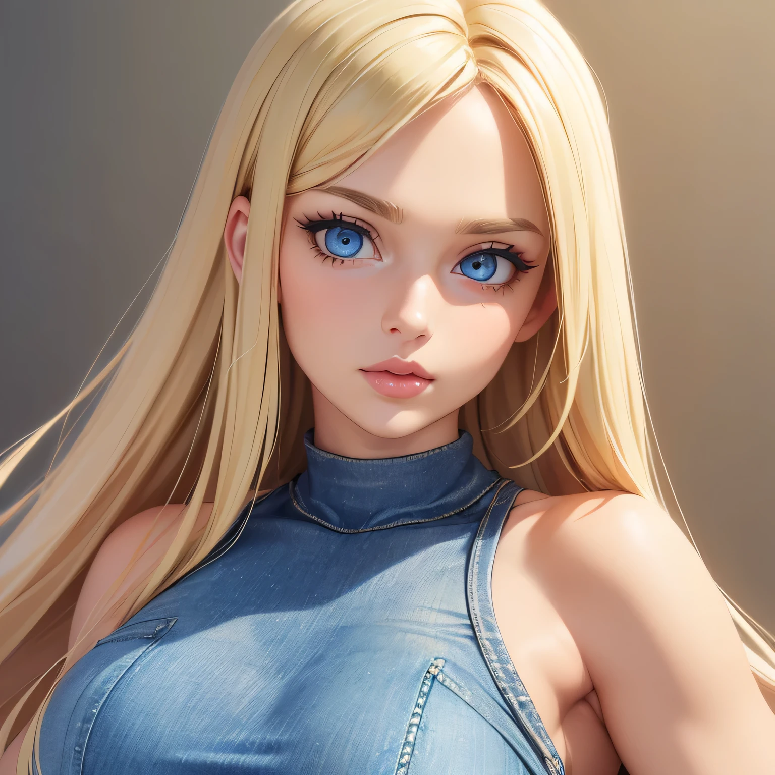 (1girl) ((Masterpiece)) ((High Quality)) ((Perfect Face)) ((Beautiful)) ((Round face)) ((Middle aged)) ((Blonde hair)) ((long Hair)) ((Cute Nose)) ((Blue Eyes)) ((Light Skin)) ((Camisole)) ((Tight jeans)) ((Full lips))