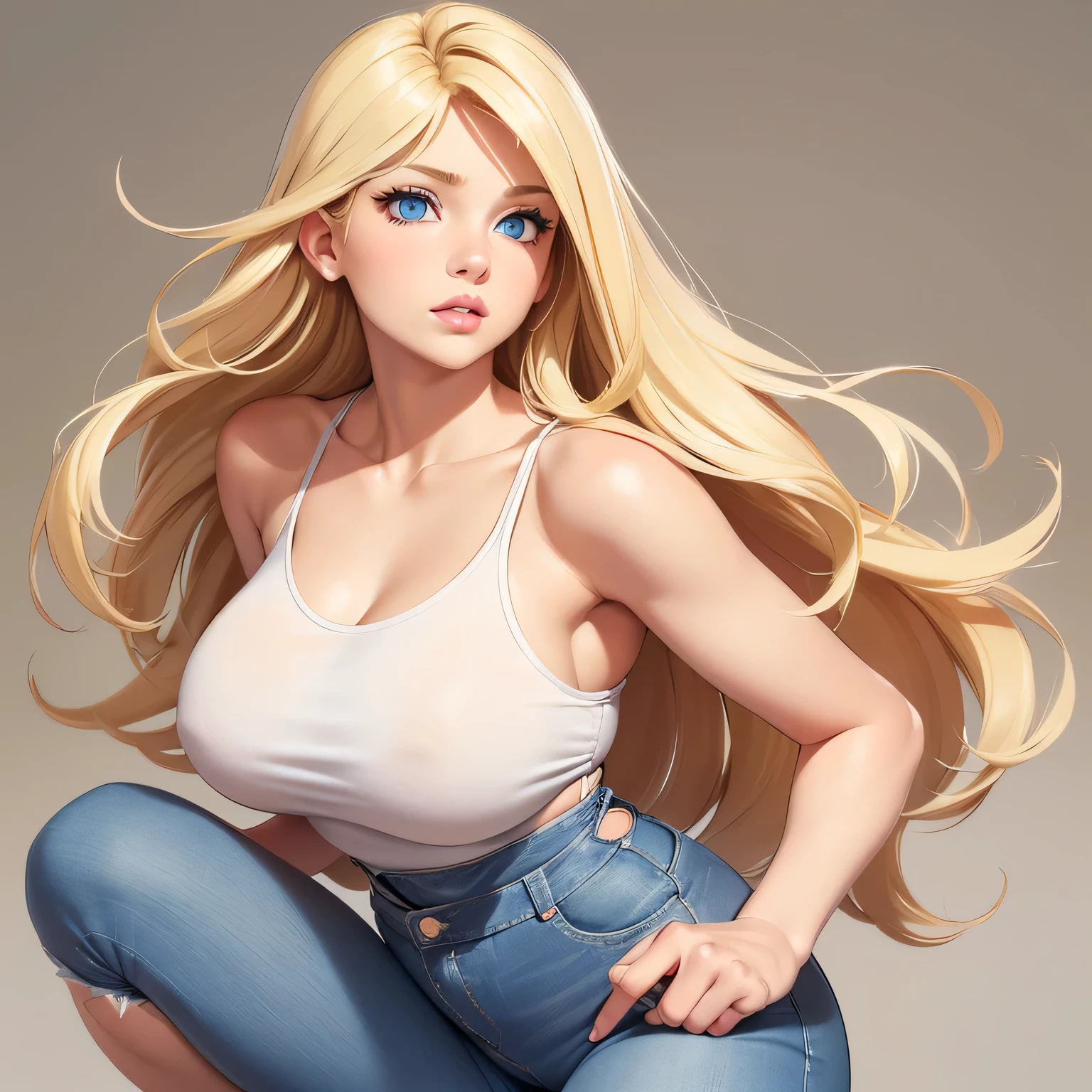 (1girl) ((Masterpiece)) ((High Quality)) ((Perfect Face)) ((Beautiful)) ((Round face)) ((Motherly)) ((Blonde hair)) ((long Hair)) ((Cute Nose)) ((Blue Eyes)) ((Light Skin)) ((Camisole)) ((Tight jeans)) ((Full lips))