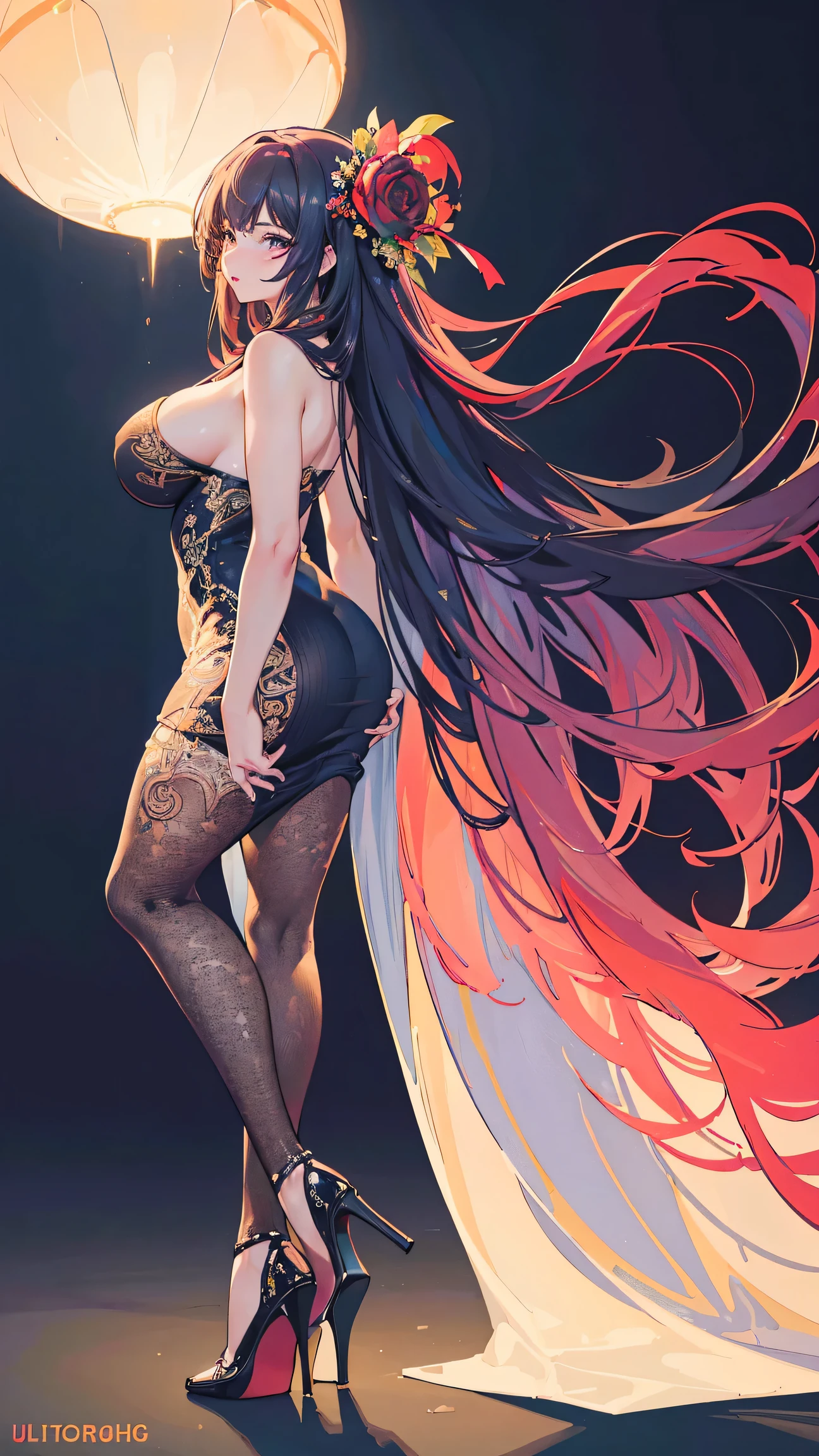 (best quality, ultra-detailed, realistic:1.37),portrait,voluptuous woman,flower,tight dress, Random dress color, passionate look,large buttocks,vibrant colors,soft lighting, standing, full body view, extreme tall, long legs, very tall, tall, 