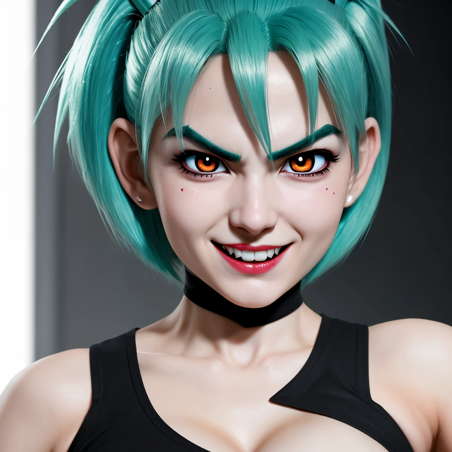 bulma,v-shaped eyebrows, Red eyes,Evil smile