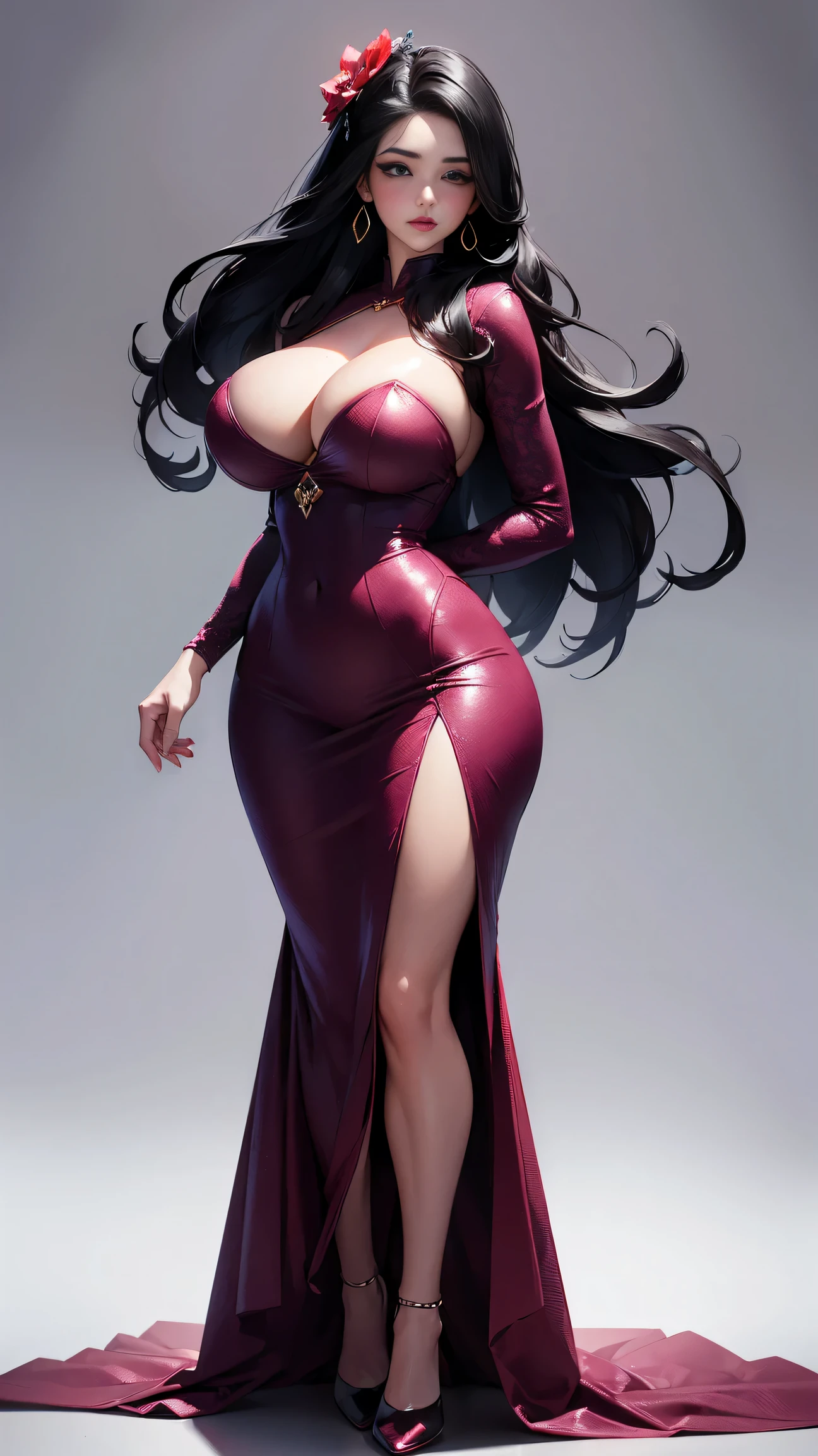 (best quality, ultra-detailed, realistic:1.37),portrait,voluptuous woman,flower,tight dress, Random dress color, passionate look,large buttocks,vibrant colors,soft lighting, standing, full body view, extreme tall, long legs, very tall, tall,
