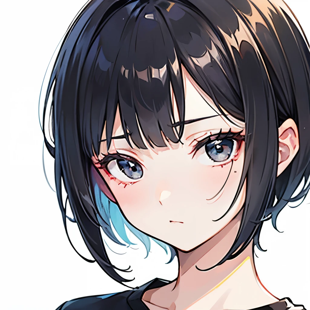 A girly girl, pretty face, face close up, black hair, black eyes, pixie haircut, innocent, shy, pixie hairstyle, very short hair, black t-shirt, white background, face focus