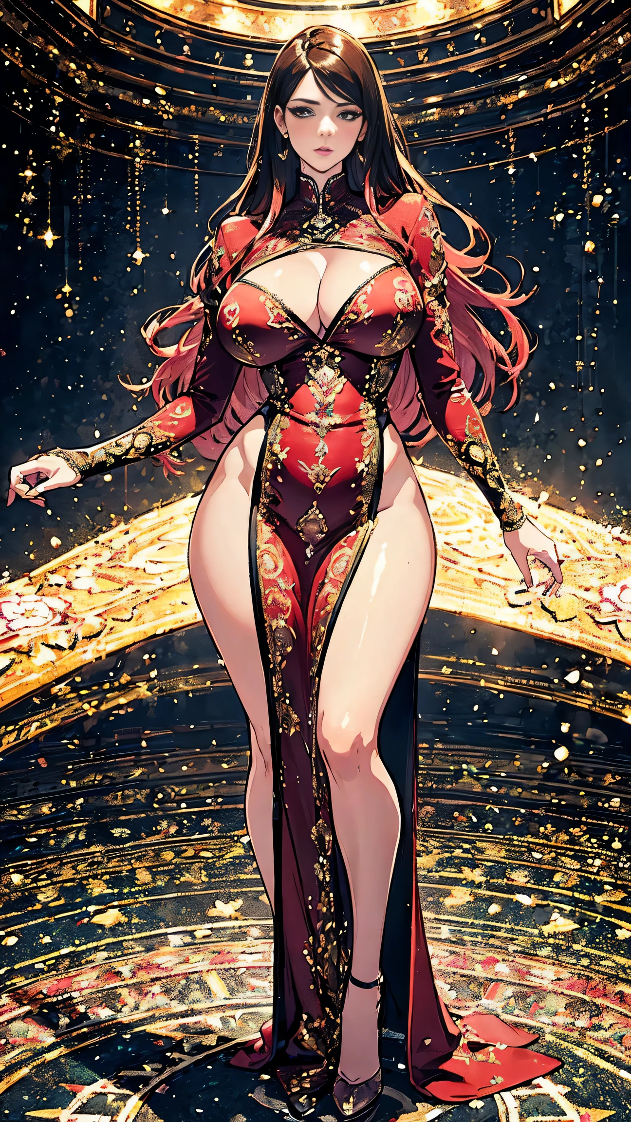 (best quality, ultra-detailed, realistic:1.37),portrait,voluptuous woman,flower,tight dress, Random dress color, passionate look,large buttocks,vibrant colors,soft lighting, standing, full body view, extreme tall, long legs, very tall, tall,