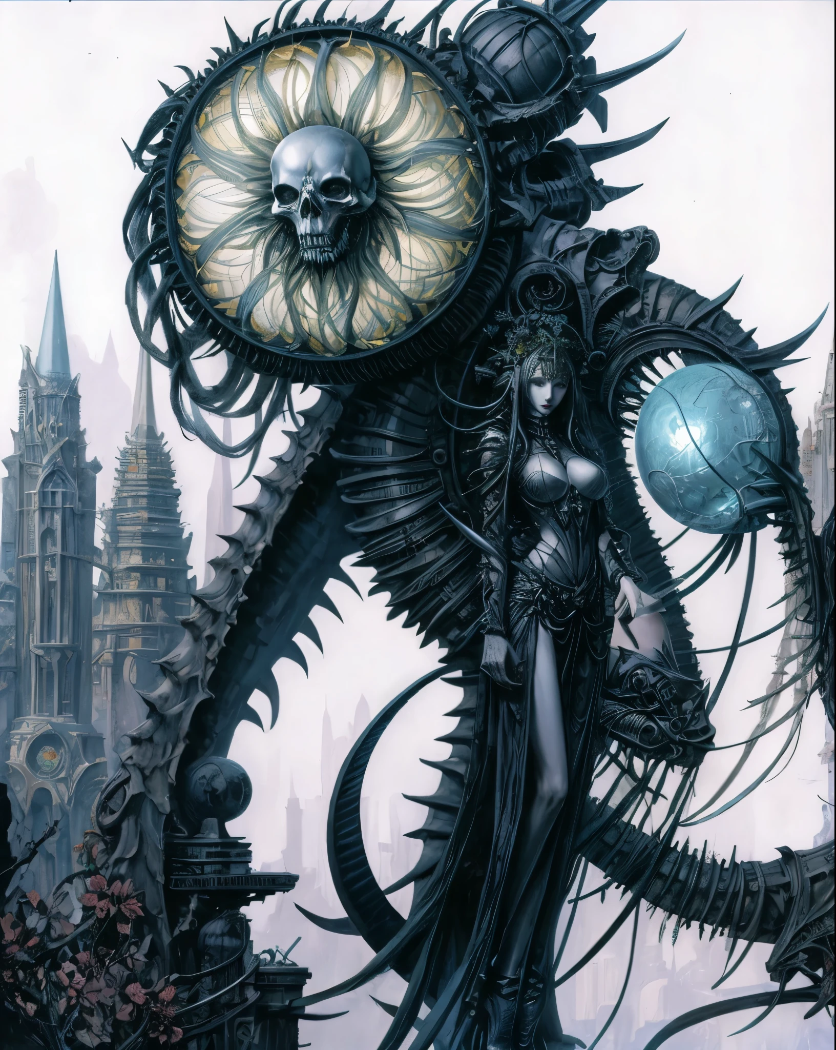 Horror, a skinny pale and starv death man with a sunflower instead his head, huge gargantuan black sun, humanoids overgrown with flowers, woman’s on knees , anime stile monster