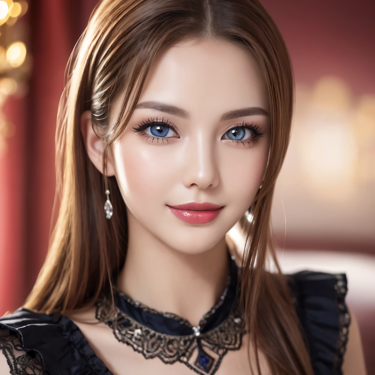 ((highest quality、table top、8K、best image quality、extremely complex and detailed depiction))、1 german prostitute、blue eyes、brown hair、solo、Blurry background of classy german brothel、(The most obscene german whore costumes:1.1)、(finest prostitute costume:1.1)、very intricate decoration、Look at me、a bewitching slight smile、perfect makeup、long eyelashes、lipstick、(perfect anatomy:1.1)、slight smile、(Huge premium bedroom blurred background:1.1)、(close up of face:1.5)、Super high-definition sparkling eyes、ultra high definition hair、Beautiful skin with ultra-high definition gloss and moisture、Ultra high definition perfect teeth、Ultra high definition beautiful face、(The most moody and romantic warm lighting:1.1)
