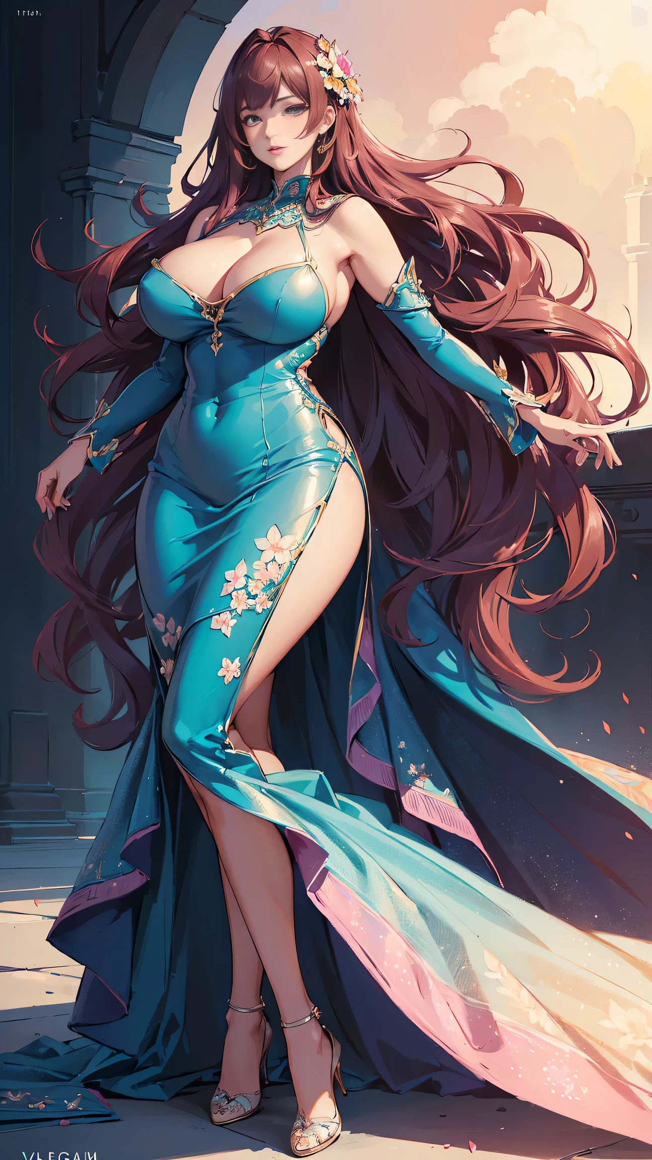 (best quality, ultra-detailed, realistic:1.37),portrait,voluptuous woman,flower,tight dress, Random dress color, passionate look,large buttocks,vibrant colors,soft lighting, standing, full body view, extreme tall, long legs, very tall, tall,