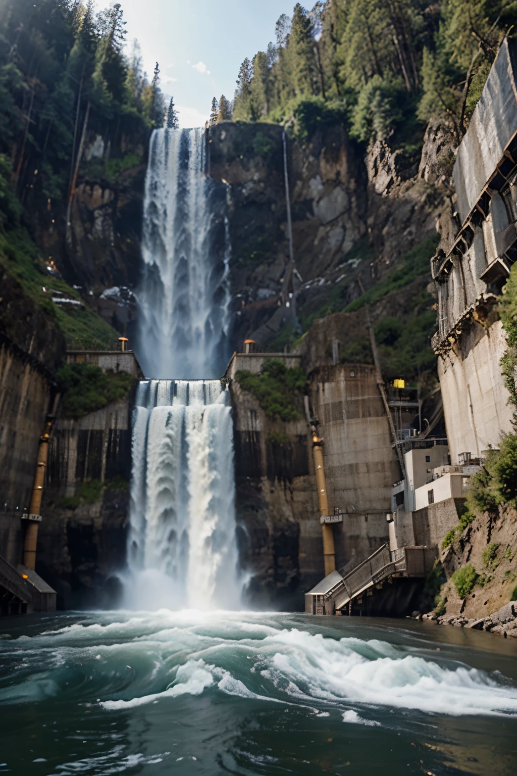 generate a jumbled image of a hydroelectric power plant