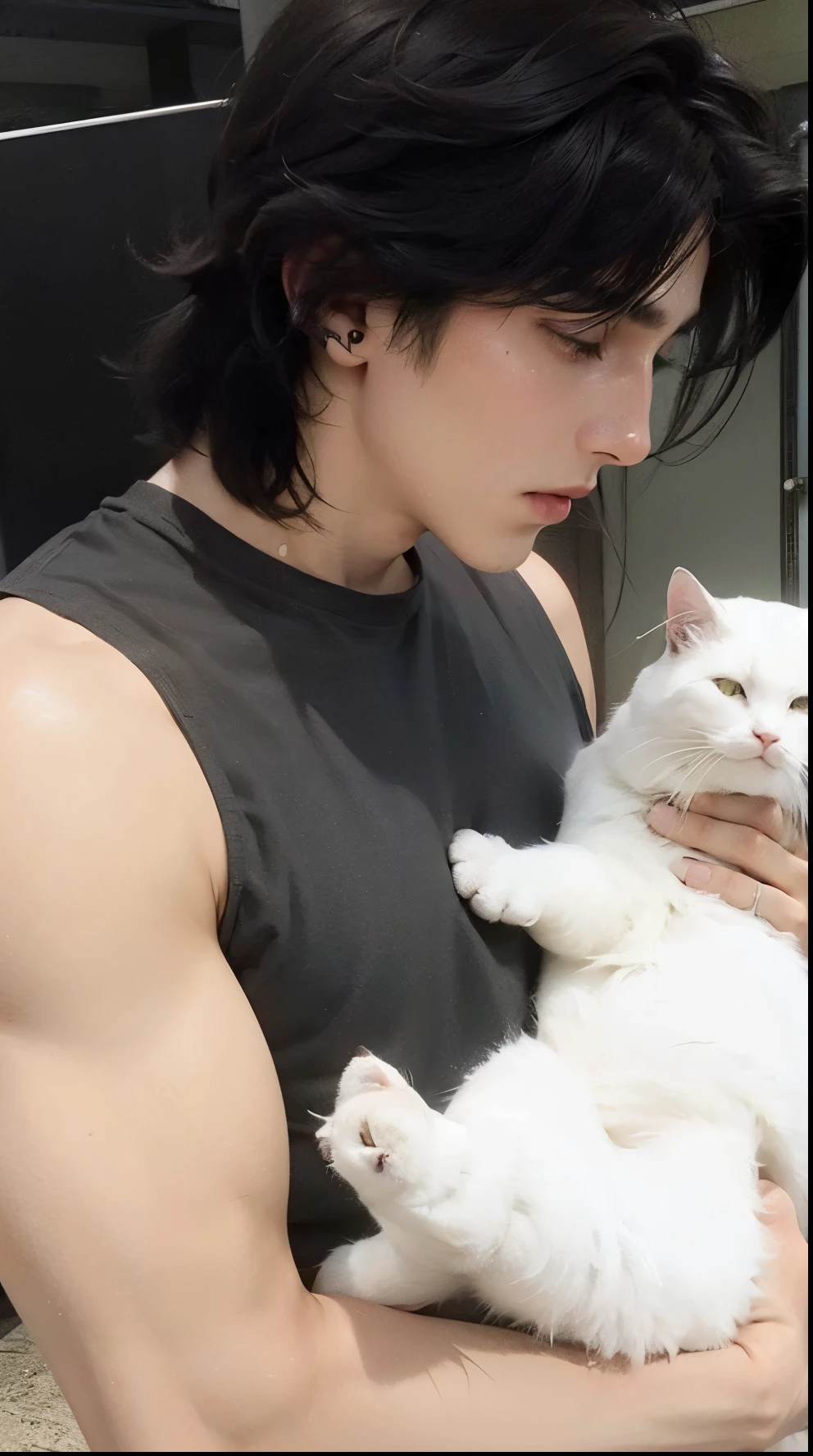 araffed man holding a white cat in his arms, human cat hybrid, cai xukun, segurando um gato, garoto emo com orelhas e rabo de gato, goku na vida real, Yoongi de cabelo preto, pele branca muito, very pale, Hsiao-ron, with your pet bird, xqc, gato gargantilha, com gatos ao seu lado