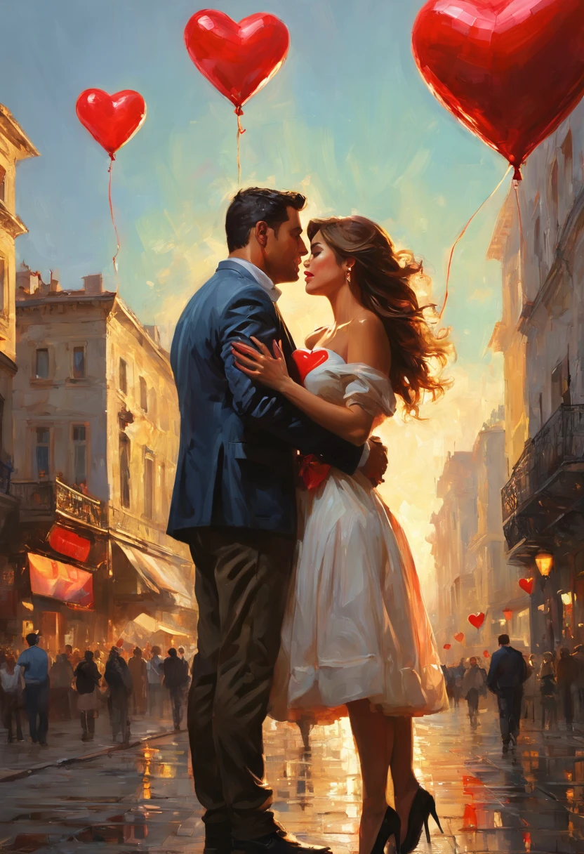 a painting of a man and a woman holding a heart, a picture, trending on cg society, pino daeni and dan mumford, balloon, closeup!!!!!!, kerem beyit, dean cornwell style, bussiere rutkowski andreas rocha, in the city, steve henderson, album art, portrait of sofia vergara, cover shot, love theme