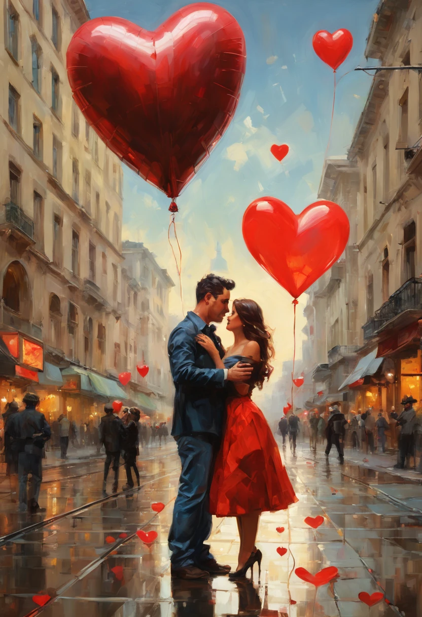 a painting of a man and a woman holding a heart, a picture, trending on cg society, pino daeni and dan mumford, balloon, closeup!!!!!!, kerem beyit, dean cornwell style, bussiere rutkowski andreas rocha, in the city, steve henderson, album art, portrait of sofia vergara, cover shot, love theme