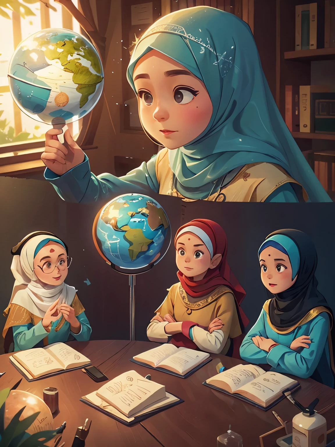 There are Elsa a woman wear hijab as climate scientist, Alex a man as environmental science, Ridho a man wear muslim shirt as theologian/religious scholar. They sitting at the round table conference. Then make their faces as perfect as possible. Make them in the office, but make behind them a globe. Make the characters modern