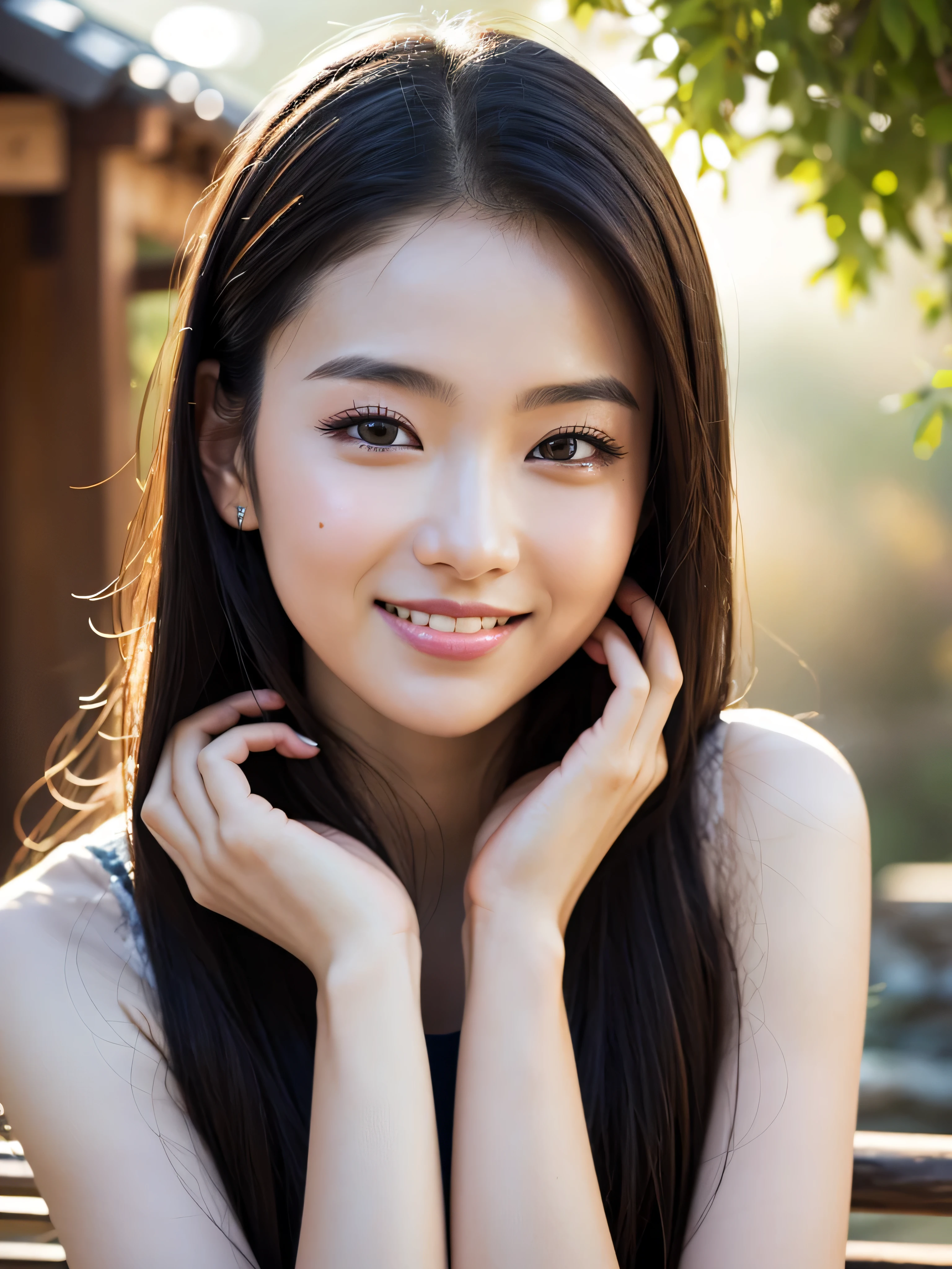 ((Highest image quality、masterpiece、8K、Highest image quality、ultra high resolution、Award-winning work)、(Close-up of a woman's face:1.3)、(close-up of naked face:1.3)、(accurate anatomy:1.1)、(A smile staring at me:1.1)、Shining fair skin with ultra high resolution、most detailed face、ultra high resolution detailed face、ultra high resolution hair、(Sparkling eyes with ultra high resolution:1.1)、Beautiful face drawn in every detail、(blurred background:1.1)、very bright and vivid、beautiful japanese actress face、(A fantastic hot spring nestled deep in the mountains:1.1)、(fantastic fog:1.1)、beautiful and bright sunset、epic movie lighting、the most romantic sunset、ultra high resolutionの艶のある唇、Glossy and moisturized skin、lotion