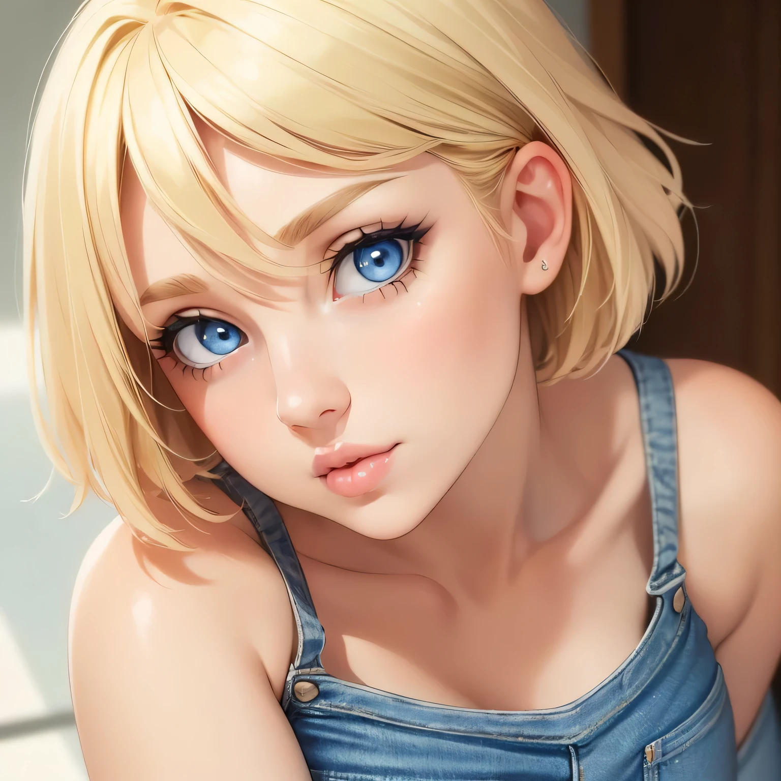 (1girl) ((Masterpiece)) ((High Quality)) ((Perfect Face)) ((Beautiful)) ((Round face)) ((Middle aged)) ((blonde Hair)) ((short Hair)) ((Cute Nose)) ((Blue Eyes)) ((Light Skin)) ((Camisole)) ((Tight jeans)) ((Full lips))