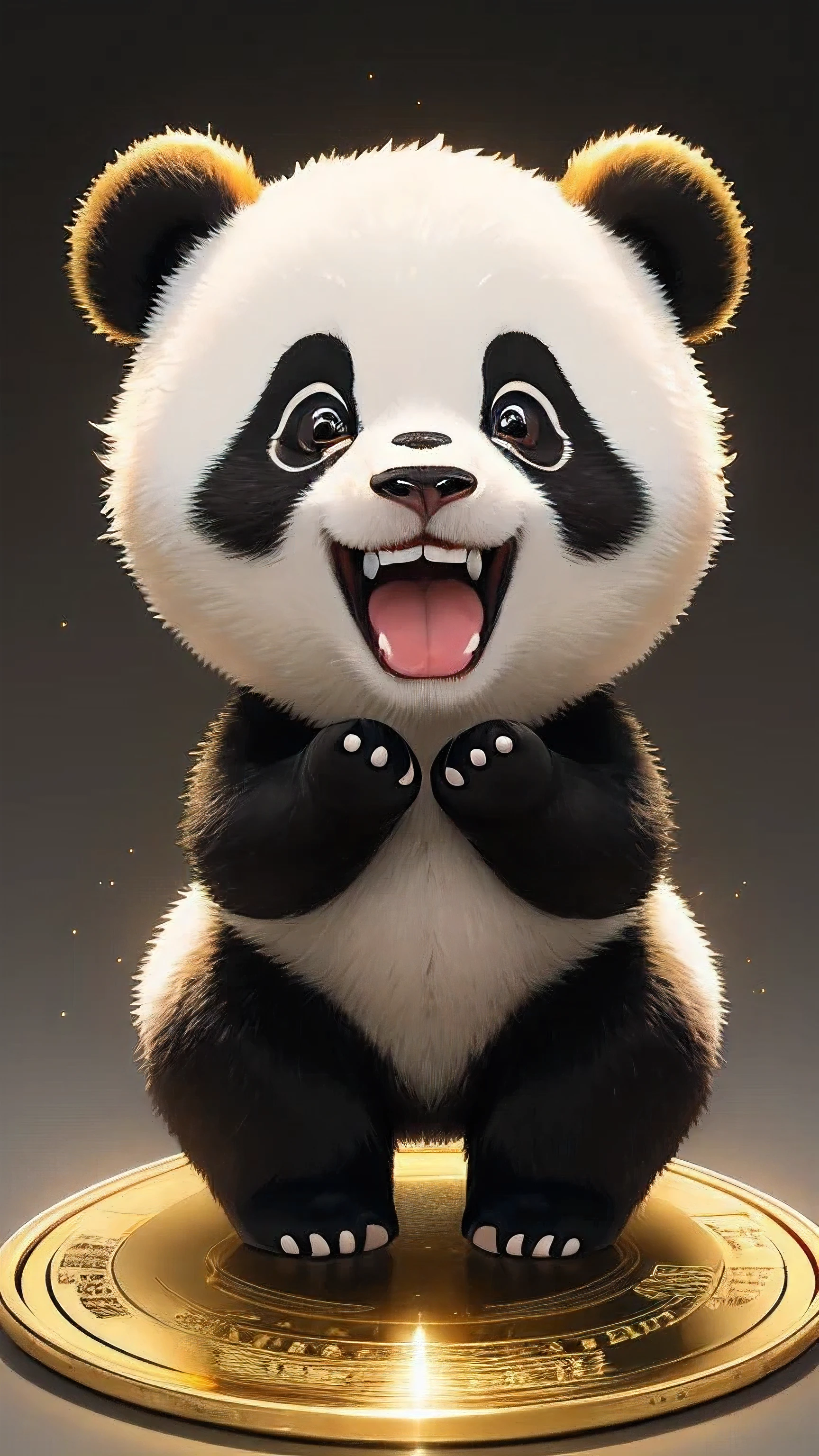 ((The kids `s panda)), ((golden color background)), ((on a golden plate)), ((shining background)), ((shining background)), ((brightness background)), masterpiece, highest quality, 8K, High resolution, photograph, film grain, chromatic aberration, HDR, dynamic lighting,((Front view)), ((positive)), shining background, (gray background:1.4), most detailed, very detailed, Super detailed, finely, (big pupil, realistic student:0.8), cute panda, Laughing Panda, So cute, ((look forward)), ((whole body)), Little Panda, The kids `s, ((gold background)), get down on all fours, One, universe
