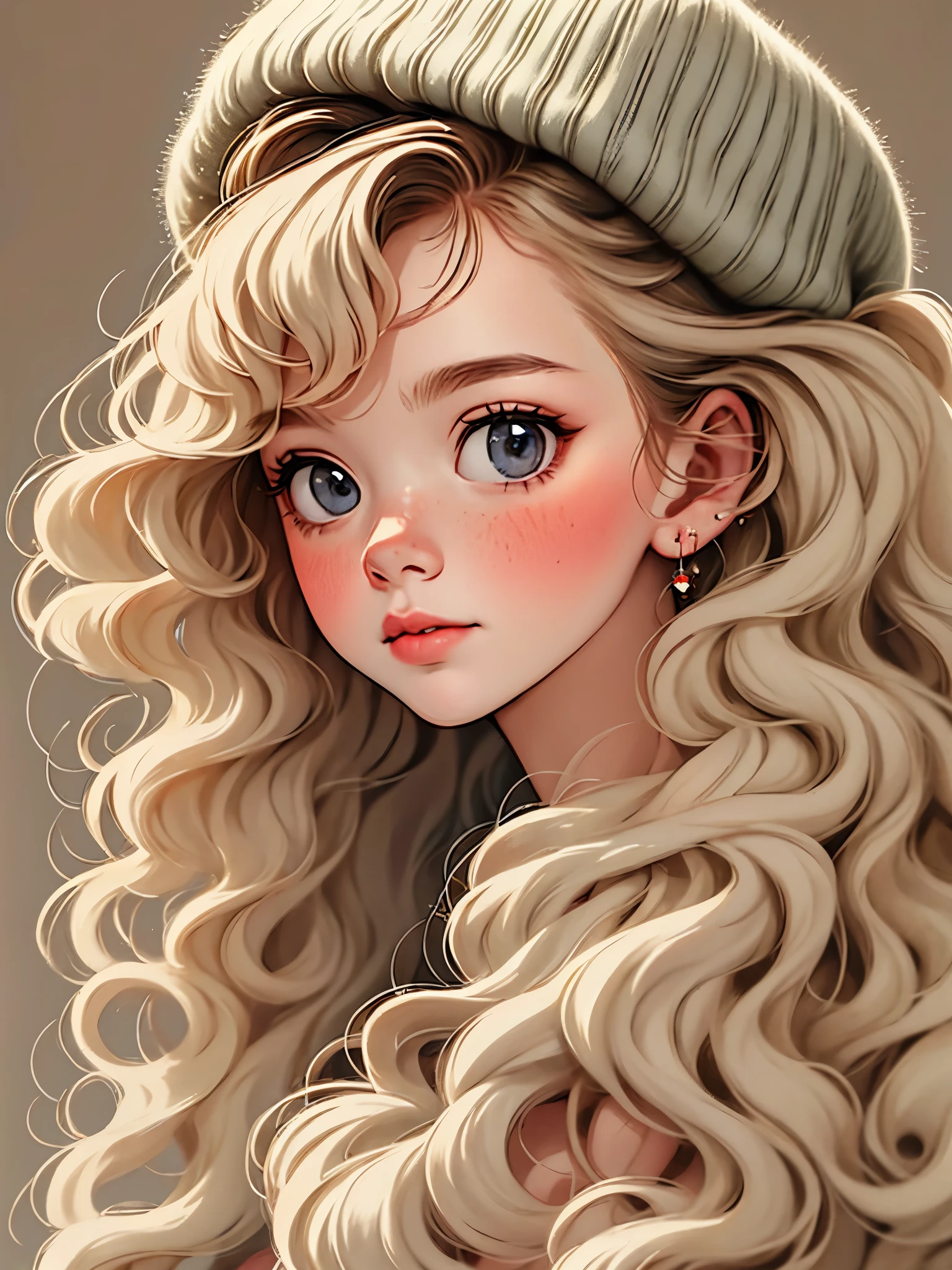 (masterpiece, best quality:1.2), Cartoon，1 girl, alone，portrait, fluffy hair, curls, Berets，clean background,hand drawn style,pencil drawing,charming,smooth lines,clean silhouette,clean composition
