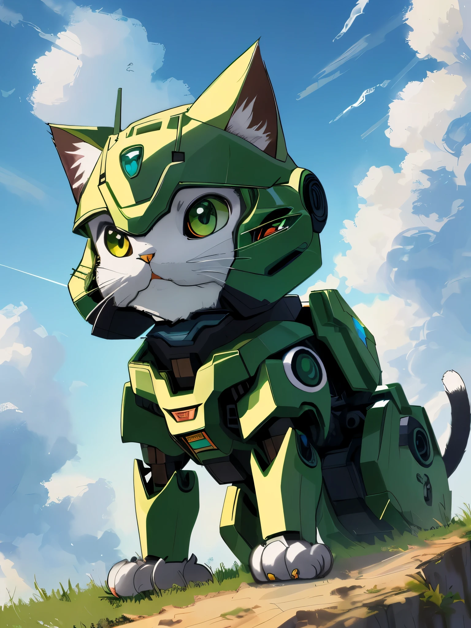 Unorganized resolution, High resolution, (masterpiece: 1.3), hyper detail, Mecha, (((cat design))),Green armor, floating in the sky (1.8) Against the background of blue sky and white clouds