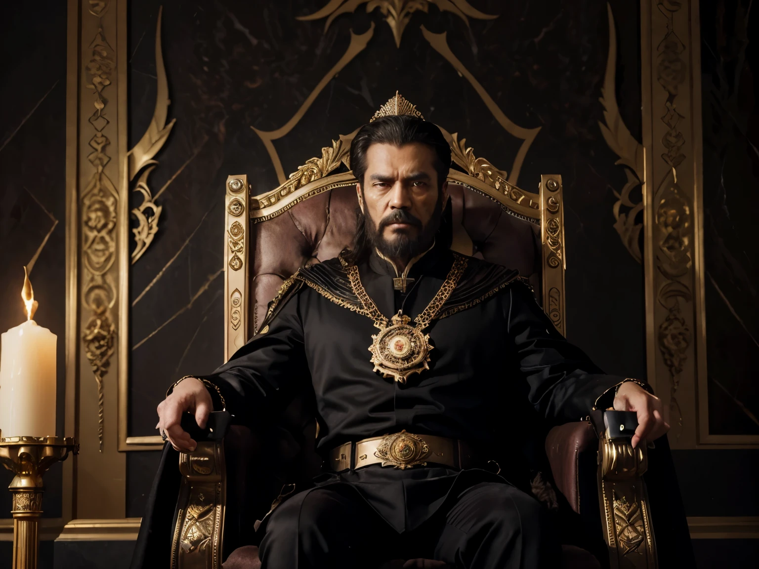(best quality,4k,highres,masterpiece:1.2),ultra-detailed,realistic:1.37,menacing ruler in his fifties,dressed in gold,beard,gold teeth,ornate gold crown,sharp piercing gaze,intense expression,radiating power,dark and brooding atmosphere,dramatic lighting,haunting presence,rich textures and materials,dark velvet cloak,golden scepter,imposing stature,regal and authoritative,elaborate throne,luxurious surroundings,ominous background,dimly lit chamber,ancient and mysterious symbols,ominous shadows,majestic aura,shadows dancing on the walls,whispers of power and control,subtle hints of a hidden agenda,detailed textural patterns,impressive attention to detail,cold and calculating personality,powerful aura of dominance,fearsome reputation,menacing presence commanding respect, Thai ruler.