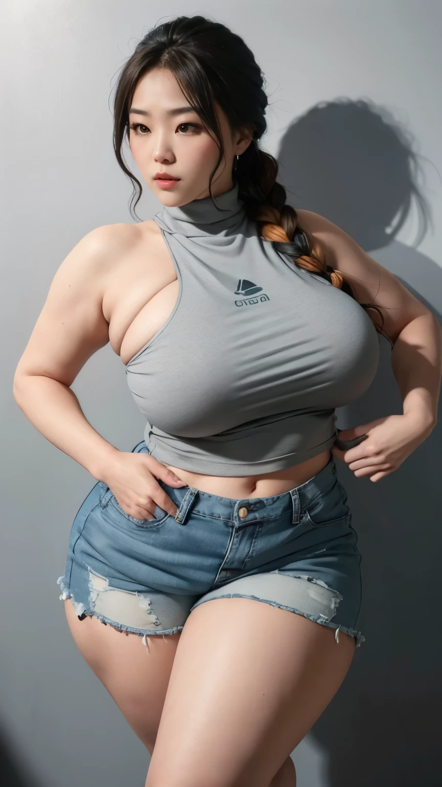 Alaf asian woman in grey hoodie poses for photo, oppai, Big breasts!!, SFW huge breasts, huge stunning goddess shot, with large breasts, with a big chest, goddess of Japan, Big breasts!, Big breasts, powerful and huge, Covered SFW huge breasts, buxom chested, Beautiful Asian Girl, busty, Chic, thick body, full body, , wearing shorts pants, turtleneck , sneakers