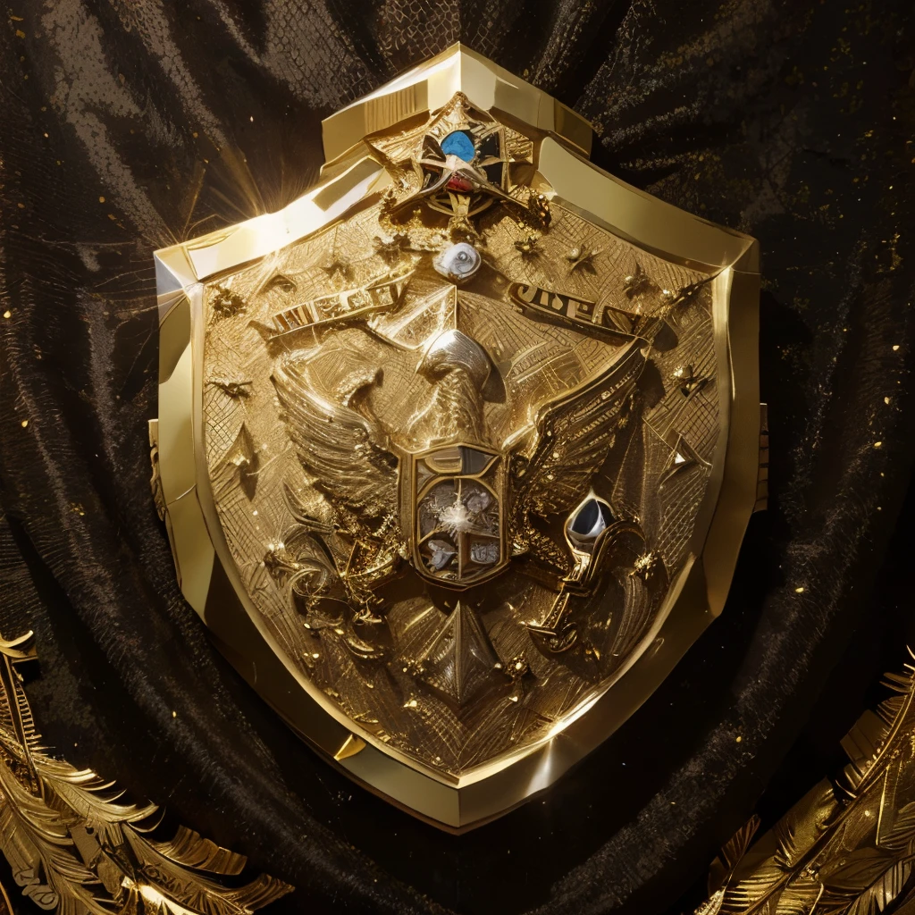 (((muste piece))), (((best quality))), ((Super detailed)), (glistening shiny),Layout from the front,See the whole thing, gold, complex luxury,shield shape,(((military medals))), majestic, gaudy,like bird feathers