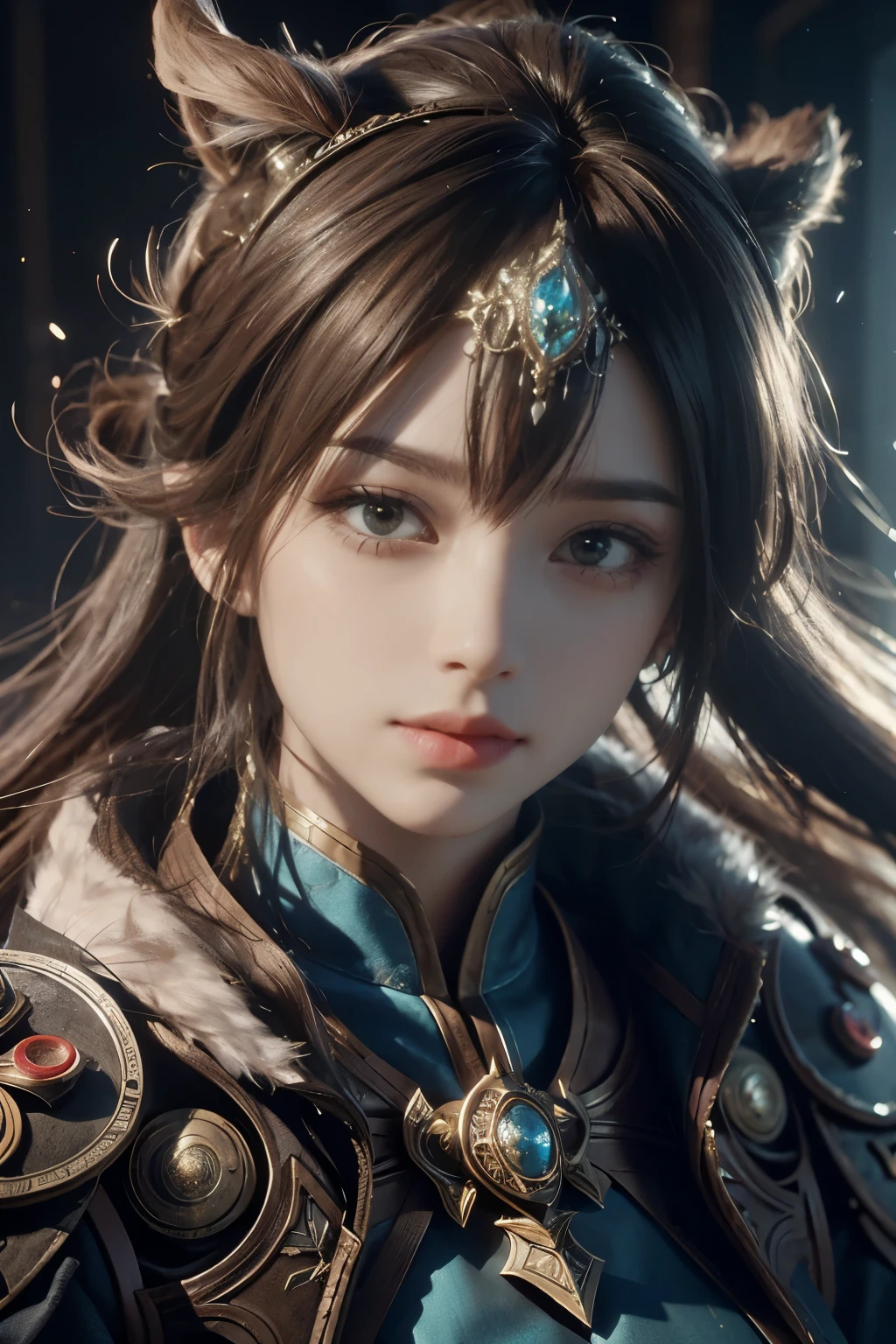 Game art，The best picture quality，Highest resolution，8K，(A bust photograph)，(Portrait)，(Head close-up:1.5)，(Rule of thirds)，Unreal Engine 5 rendering works， (The Girl of the Future)，(Female Warrior)， 
20岁少女，((Hunter))，An eye rich in detail，(Big breasts)，优雅高贵，冷漠，勇敢的，
（Medieval-style fur combat clothing，Glowing magic lines，Fur clothing with rich details），Medieval Lady Knight，Medieval ranger，
拍照姿势，简单背景，Movie lights，Ray tracing，Game CG，((3D Unreal Engine))，oc渲染反射纹