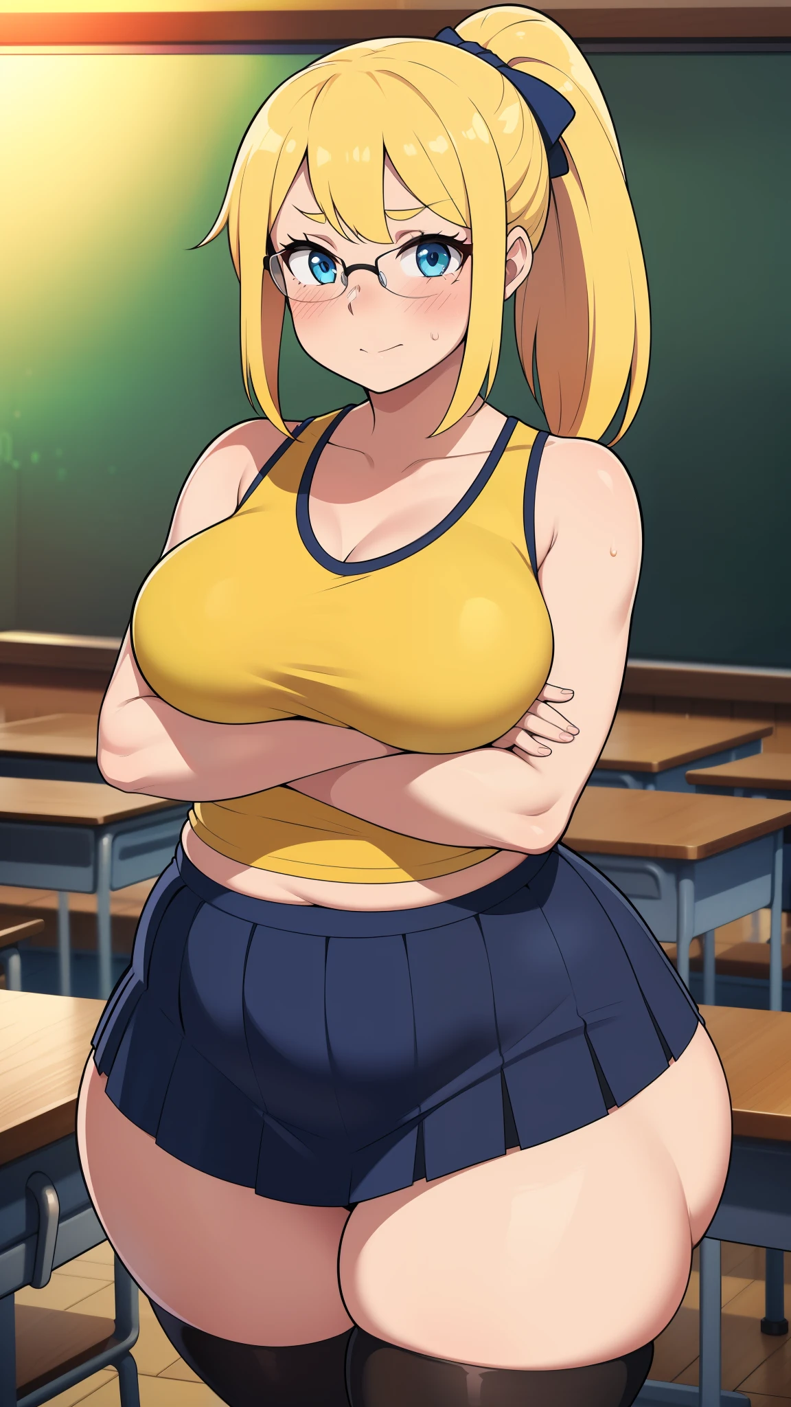 ((highres)), Masterpiece, high quality, best quality, beautiful, perfect lighting, detailed face, ultra cute face, ((1girl)), ((solo), long blonde hair, ponytail, blue eyes, glasses, (Blush), embarrassment, looking at viewer, arms crossed, standing in a classroom, (classroom), daytime, cheerleader uniform, tank top, pleated skirt, (tight clothes), thigh highs, wide hips, (thick thighs), (chubby), medium breasts, perky breasts, 24 year old female,