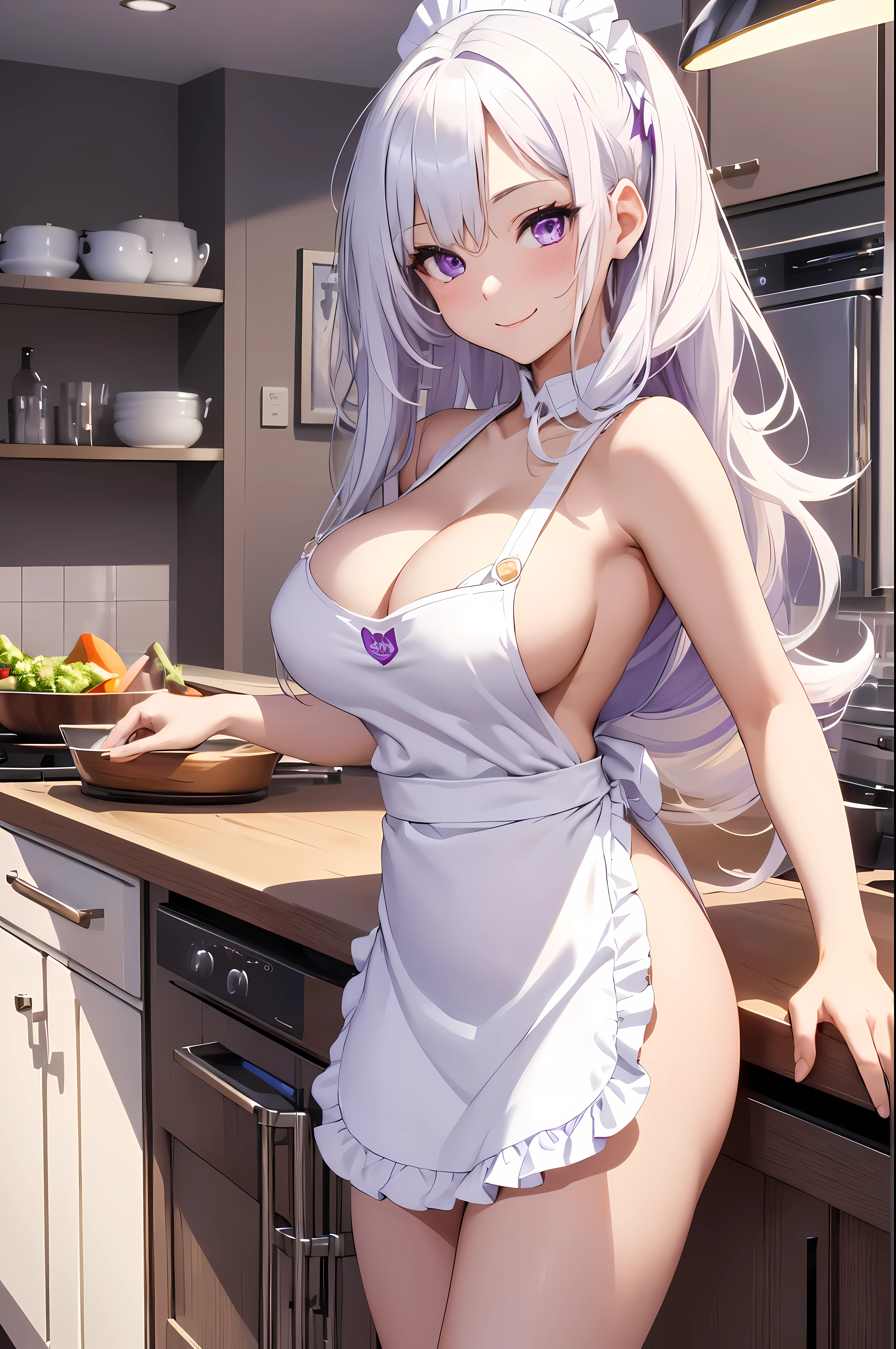top quality、Best image quality、masterpiece、girl with(pretty、Playboy_rabbit_girl、big bust、White hair、long hair、purple eyes、happiness、slim、laugh, wide hips))high quality、Visual arts、background((kitchen))、1girl, alone , (naked apron:1.2) , (White_apron) , (sexy)