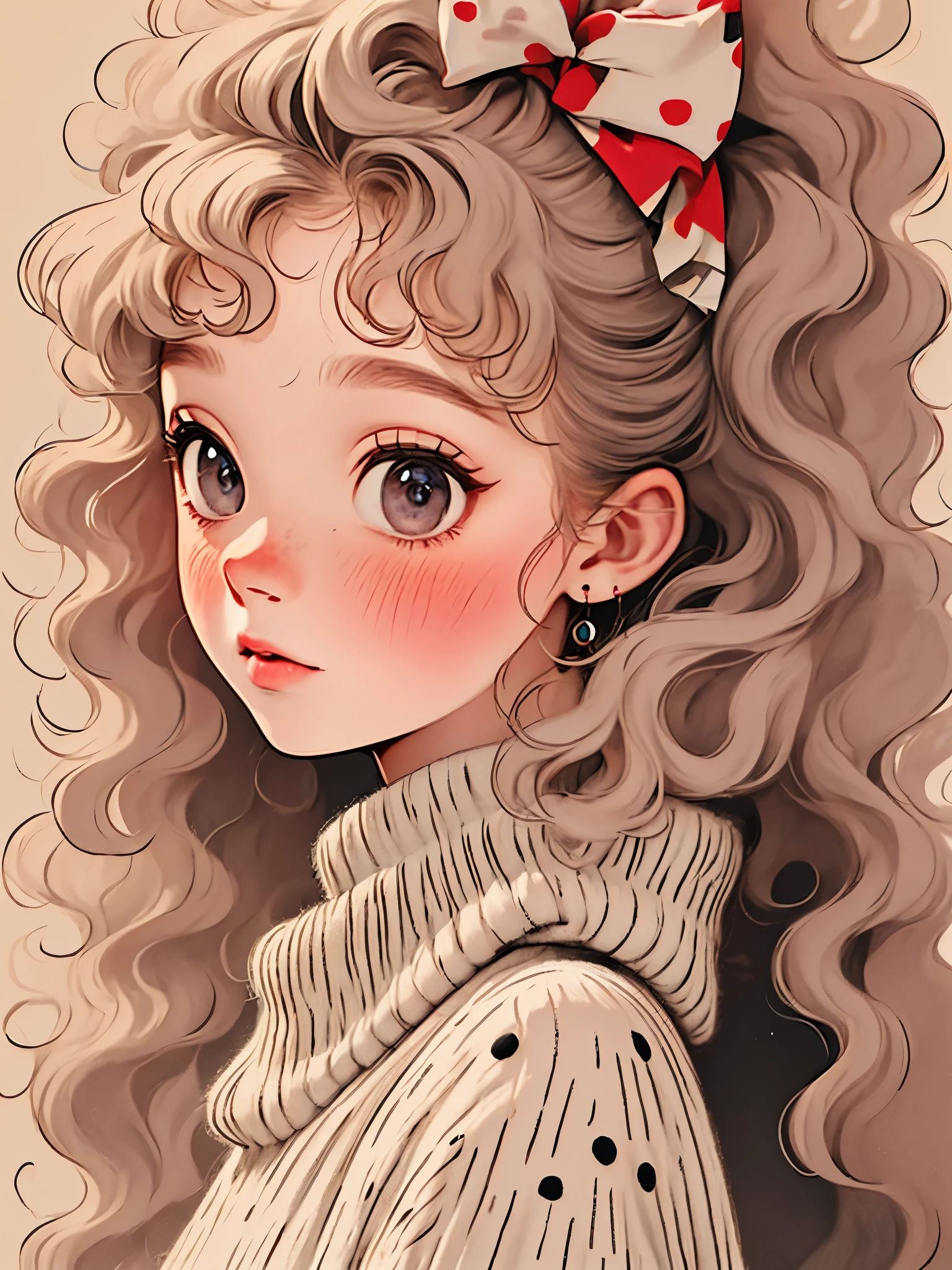 (masterpiece, best quality:1.2), Cartoon，1 girl, alone，portrait, fluffy hair, curls, bow hair band，clean background,hand drawn style,charming,smooth lines,clean silhouette,clean composition
