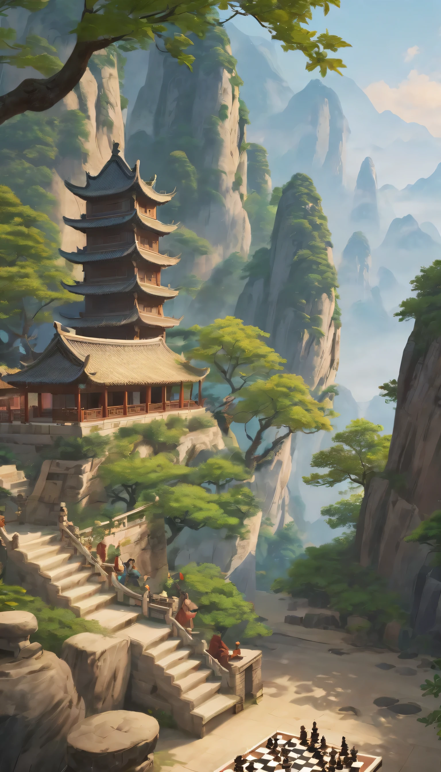 ancient chinese style，Sharp Mountain，ancient chinese style建筑，Tree，drink，Several ancient people are playing chess，daytime