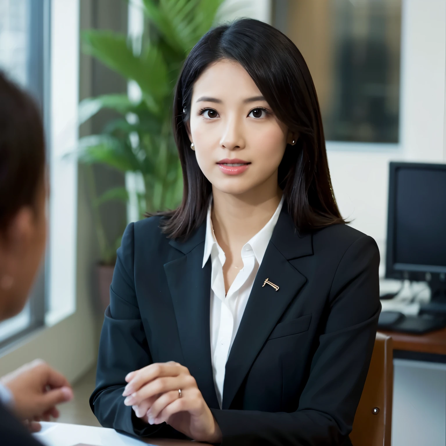 The image features an Asian woman in a professional setting, engaged in an interview. She is seated, attentively looking towards an off-camera interviewer, with a focused and thoughtful expression. Her dark hair is styled in a medium-length cut that suggests a professional demeanor. She's dressed in formal business attire, with a tailored blazer over a blouse. The setting appears to be an office or a corporate environment, with soft lighting that highlights her features. There's a microphone held by an interviewer in the foreground, slightly out of focus, which indicates the context of the interview. The background is intentionally blurred, with hints of indoor plants and contemporary furniture, giving a sense of depth and location without distracting from the subject.