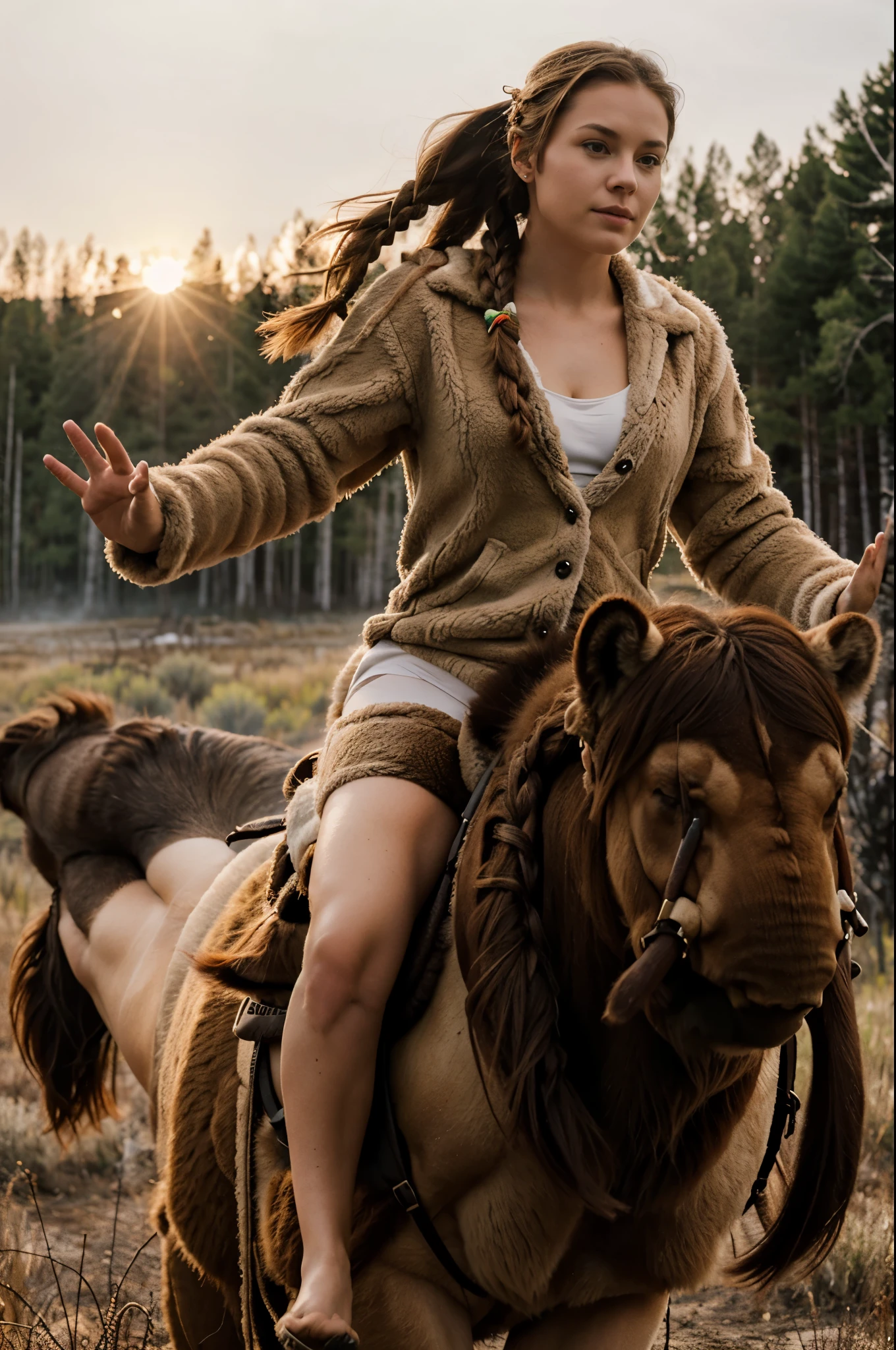 woman with brown hair in a braid in a fur swimsuit riding a mammoth on a field at dawn, Birch Grove, fog,