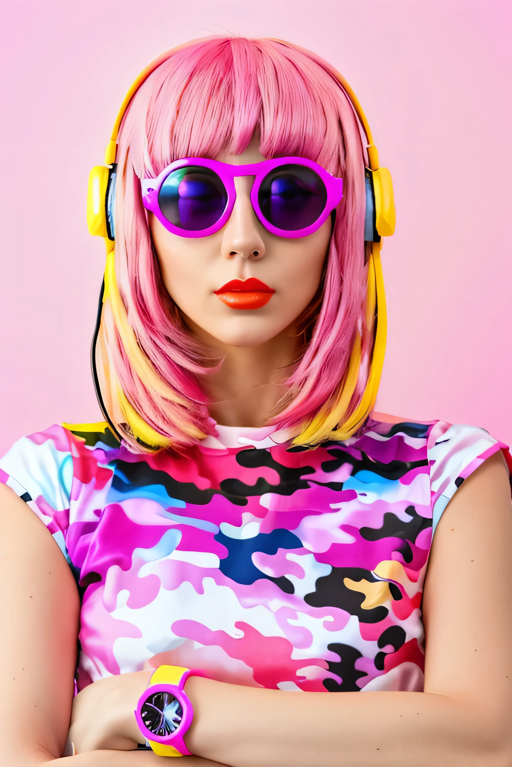arafed woman with pink hair wearing headphones and sunglasses, colorful fashion, cute girl with short pink hair, pink girl, pink headphones, rave girl, retro pink synthwave style, fashionable futuristic woman, girl wearing headphones, neon hair, bubblegum hair, vibrant pink, with pink hair, pink and yellow, pop art look, infrared hair, pink hair