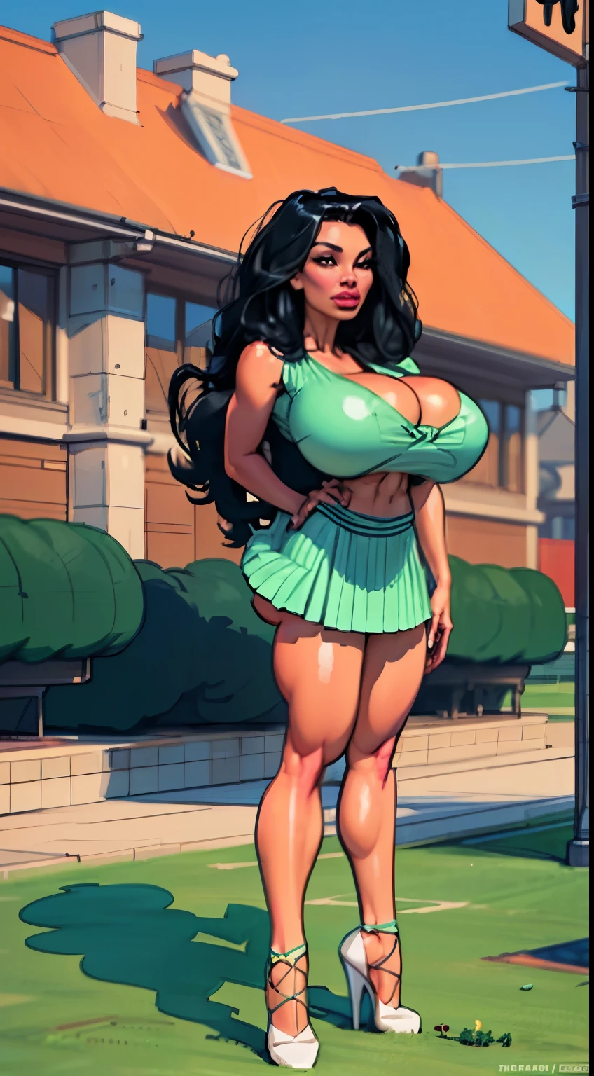 Create a detailed 4K scene of The (((Powerpuff Girls))), ((Blossom, redhead, pink skirt)), ((Bubbles, blonde hair, blue skirt)) and ((Buttercup, black hair, green skirt)), in their classic formation. They are standing in an urban environment in the heart of Townsville, surrounded by colorful skyscrapers and a radiant blue sky. The ((Powerpuff Girls)) should be in confident and determined poses, highlighting their individual personalities. Blossom, the leader of the group, should be in the front, hands on her hips, with a serious expression and her eyes shining with intelligence. Bubbles, next to Blossom, should have a sweet smile and an optimistic posture, The backdrop around them should be bustling with life, with Townsville citizens looking on in admiration, and elements such as trees swaying in the wind and scattered clouds in the sky. (pale skin:1.2), (white skin:1.5), ((front view:1.3)), pale face, (puffy lips:1.4), (gigantic breasts:1.4), ((gigantic breasts:1.3)), design sheet, masterpiece, (slendered abs:1.2) ,detailed , shiny skin, beautiful lighting from the side, harsh light,epic pose, dynamic movie poster, masterpiece, high definition, Extreme Detailed Portrait With Bokeh Effect , Realistic Lighting The scene should radiate the sense of courage and heroism that The Powerpuff Girls embody, with vibrant colors and stunning sharpness in every detail.