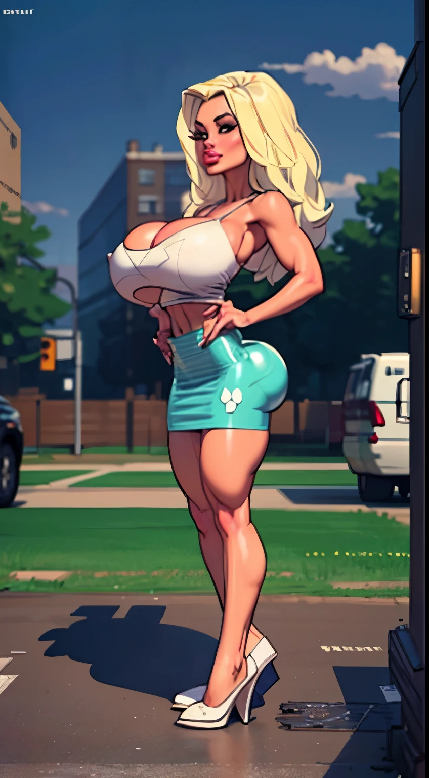 Create a detailed 4K scene of The (((Powerpuff Girls))), ((Blossom, redhead, pink skirt)), ((Bubbles, blonde hair, blue skirt)) and ((Buttercup, black hair, green skirt)), in their classic formation. They are standing in an urban environment in the heart of Townsville, surrounded by colorful skyscrapers and a radiant blue sky. The ((Powerpuff Girls)) should be in confident and determined poses, highlighting their individual personalities. Blossom, the leader of the group, should be in the front, hands on her hips, with a serious expression and her eyes shining with intelligence. Bubbles, next to Blossom, should have a sweet smile and an optimistic posture, The backdrop around them should be bustling with life, with Townsville citizens looking on in admiration, and elements such as trees swaying in the wind and scattered clouds in the sky. (pale skin:1.2), (white skin:1.5), ((front view:1.3)), pale face, (puffy lips:1.4), (gigantic breasts:1.4), ((gigantic breasts:1.3)), design sheet, masterpiece, (slendered abs:1.2) ,detailed , shiny skin, beautiful lighting from the side, harsh light,epic pose, dynamic movie poster, masterpiece, high definition, Extreme Detailed Portrait With Bokeh Effect , Realistic Lighting The scene should radiate the sense of courage and heroism that The Powerpuff Girls embody, with vibrant colors and stunning sharpness in every detail.