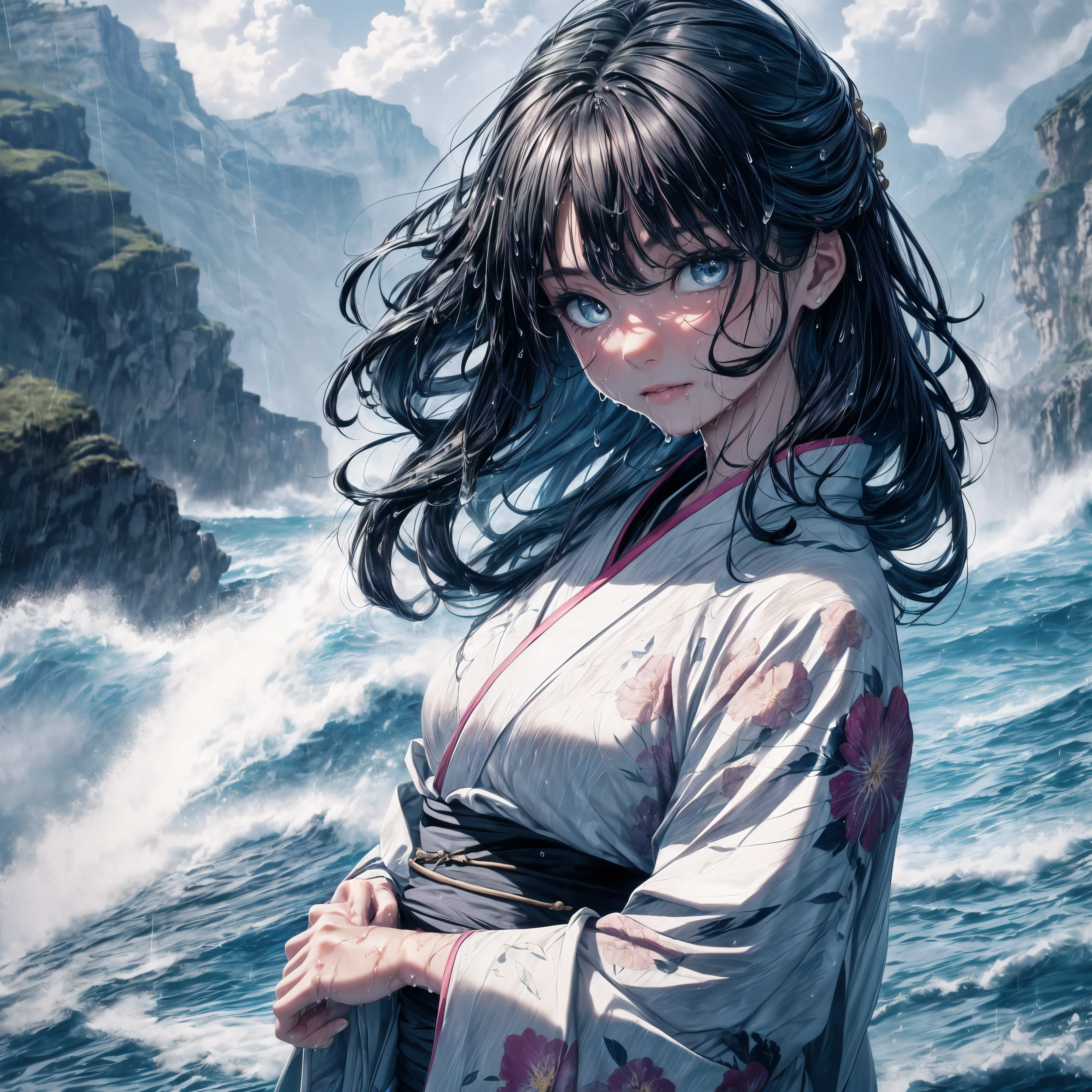 (A 7 year old girl:1.2), (Very young little girl), (alone), (small breasts:1.1), (wide angle), bitter smile, original photo, Atmospheric distance perception, aesthetic, complex, won, chiaroscuro, best quality, Detailed background, (hazy atmosphere:1.2), (cloudy day),((Girl in white 棉质kimono:1.2)), 棉质kimono, 棉质kimono, best wrinkles, real wrinkles, best shade, strong wind, (walk through (薄雾黑暗岩石cliff)), ((rainy, downpour, raindrop)), (real location), Exquisite and beautiful eyes, casual gesture, Detailed texture, pose, (anatomically correct body, Detailed face, (非常Detailed texturekimono与花卉图案), (wet, wet face, slime wrap, ((very wet) 纹理kimono), (wet hair), (black hair), thick hair, hair accessories, kimono, Heart, outdoor, 色彩缤纷的kimono, sash, ((cliff), the sea below cliff, (rough sea, spray), Beautiful and detailed sea water),Sky, wide sleeves, yukata, ((cloudy, rainstorm))