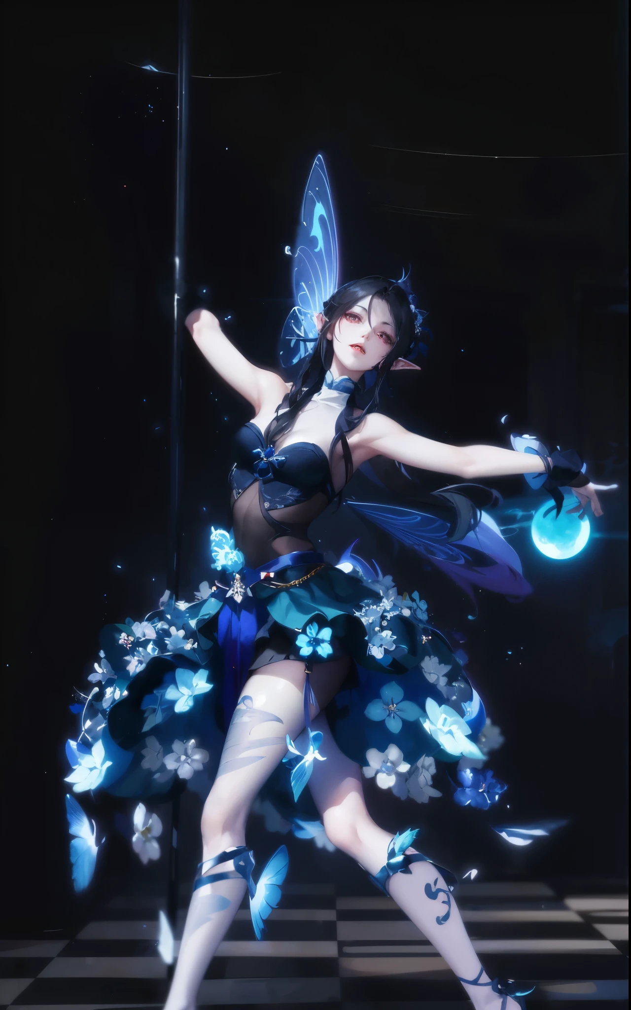There is a woman in a skirt dancing on the checkered floor, Faeries' Moonlight Dance, Astral Fairy, Fairies dance, Inspired by Leng Mei, dark elf, ethereal wings, spread wings, full body xianxia, Dark Demon Dancer, Moon themed clothing, Outfits with blue accents, a beautiful pole dancing fairie