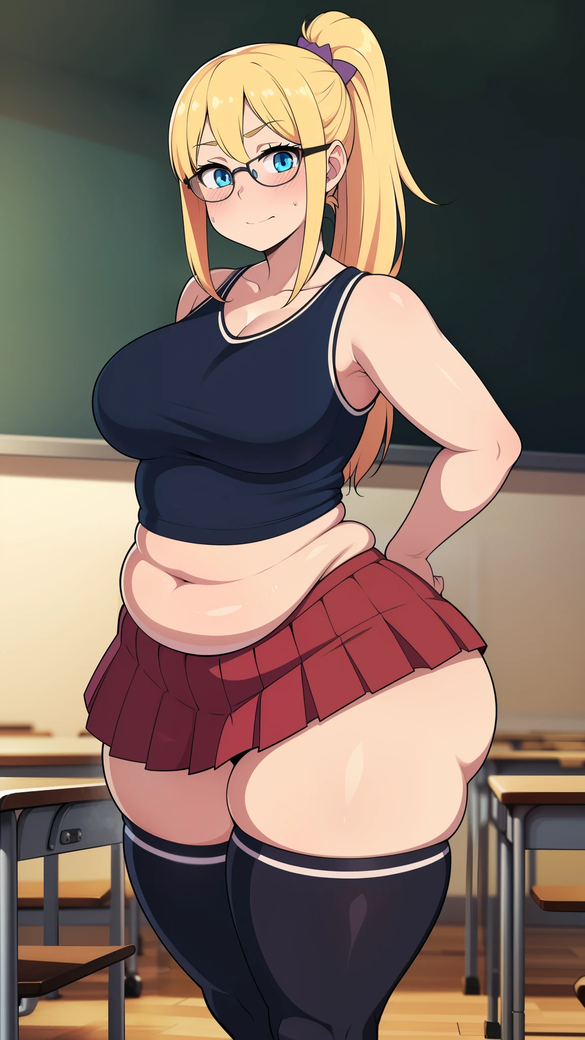 ((highres)), Masterpiece, high quality, best quality, beautiful, perfect lighting, detailed face, ultra cute face, ((1girl)), ((solo), long blonde hair, ponytail, blue eyes, glasses, (Blush), embarrassment, masochism, looking at viewer, arms behind back, standing in a classroom, (classroom), daytime, cheerleader uniform, tank top, pleated skirt, (tight clothes), thigh highs, wide hips, (thick thighs), (chubby), medium breasts, perky breasts, 24 year old female,